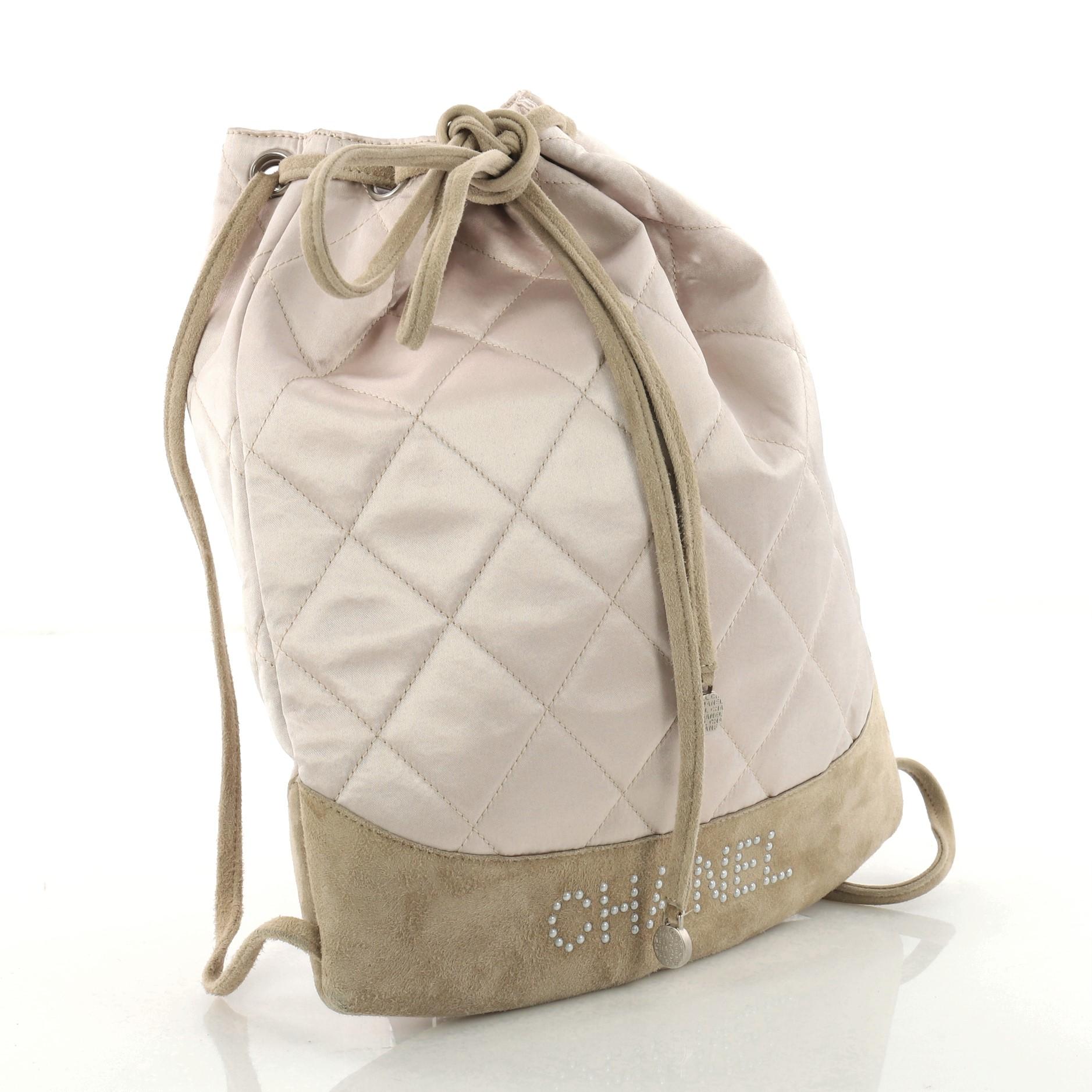 Chanel Vintage Drawstring Backpack Quilted Satin with Suede Medium In Good Condition In NY, NY