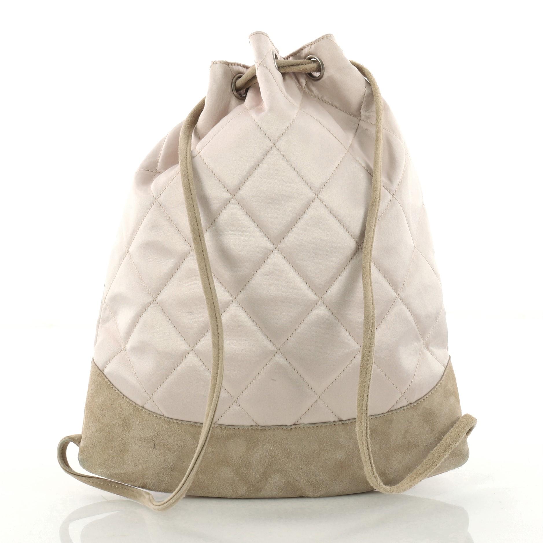 Women's or Men's Chanel Vintage Drawstring Backpack Quilted Satin with Suede Medium