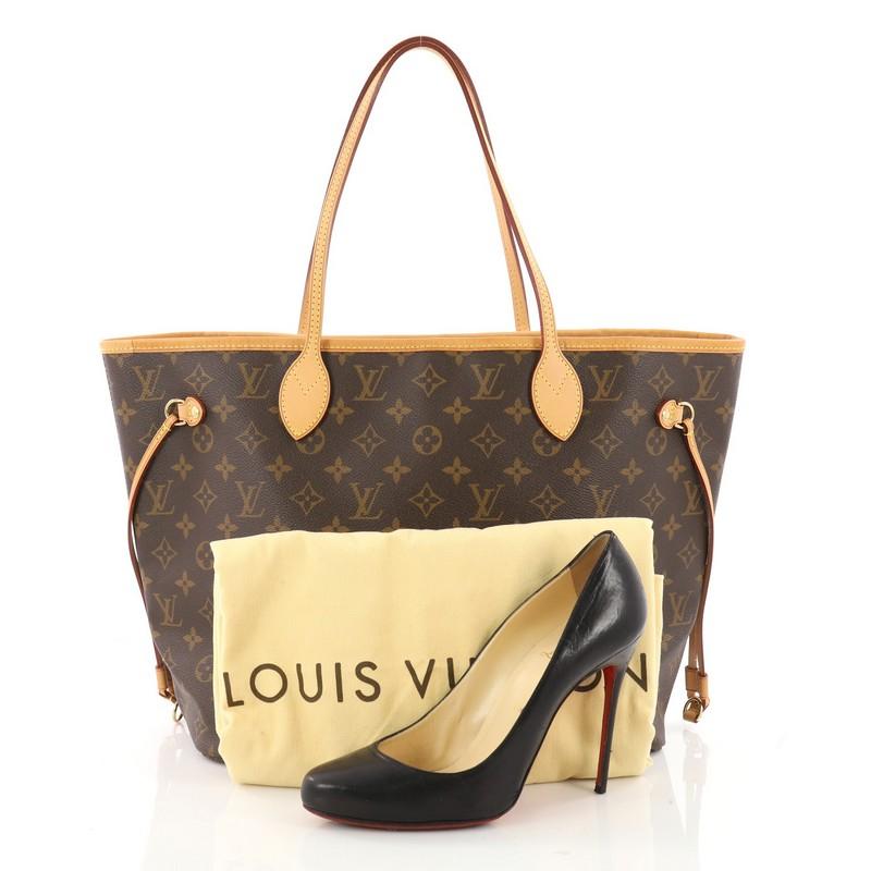 This authentic Louis Vuitton Neverfull Tote Monogram Canvas MM is a perfect companion for daily excursions. Crafted from signature brown monogram coated canvas, this iconic, easy-to-carry tote features natural cowhide leather trim, dual tall