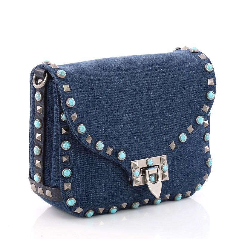 Valentino Rolling Rockstud Crossbody Bag Denim with Cabochons Small In Excellent Condition In NY, NY