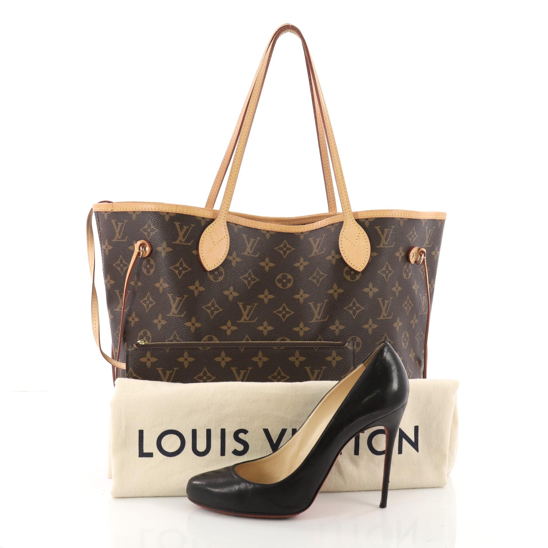 This authentic Louis Vuitton Neverfull NM Tote Monogram Canvas MM is a perfect companion for daily excursions. Crafted from signature brown monogram coated canvas, this iconic easy-to-carry bag features natural cowhide leather trims, dual tall