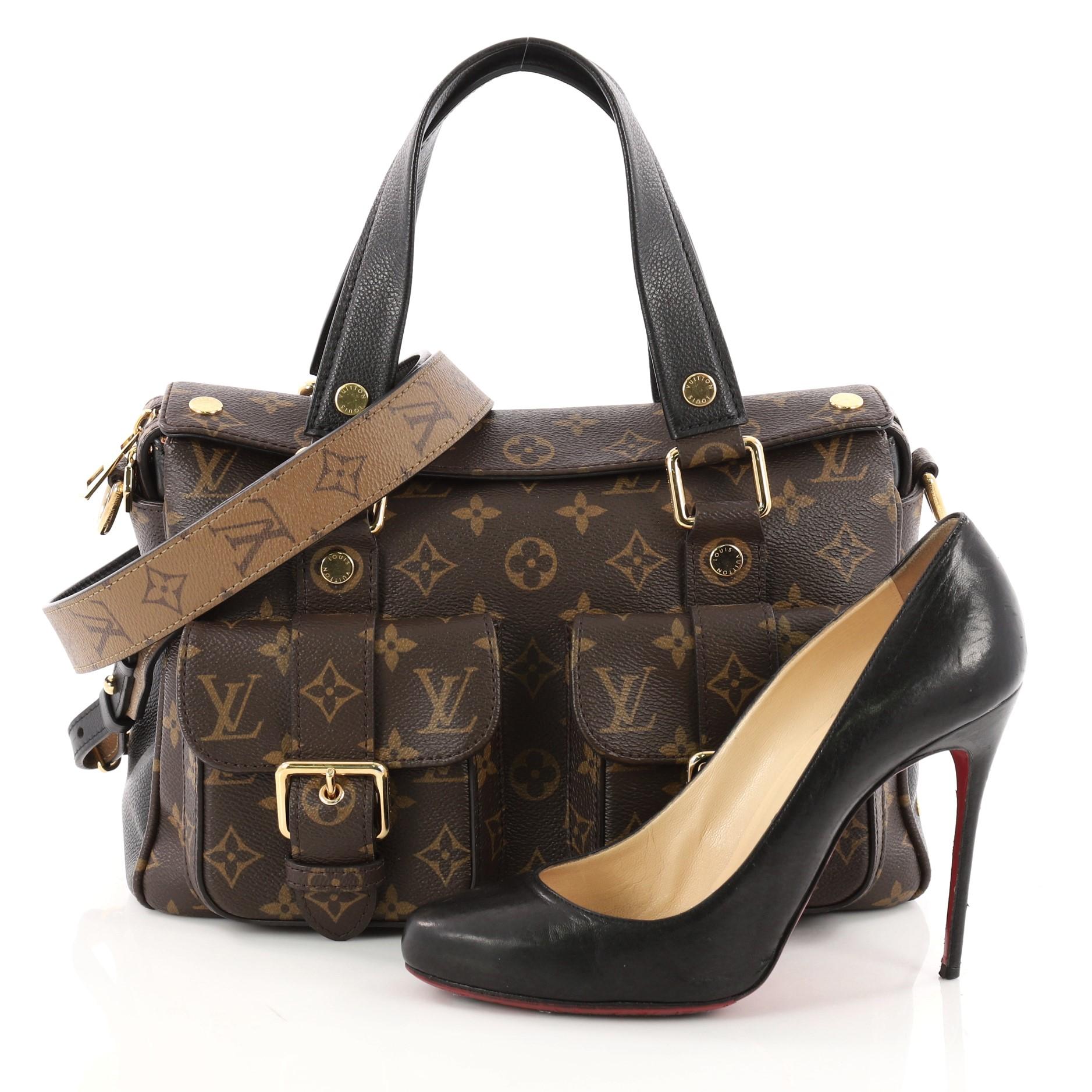 This authentic Louis Vuitton Manhattan NM Handbag Monogram Canvas with Leather brings a fresh spirit to the iconic Manhattan bag. Crafted in brown monogram coated canvas with black leather, this bag features dual flat black leather handles, two