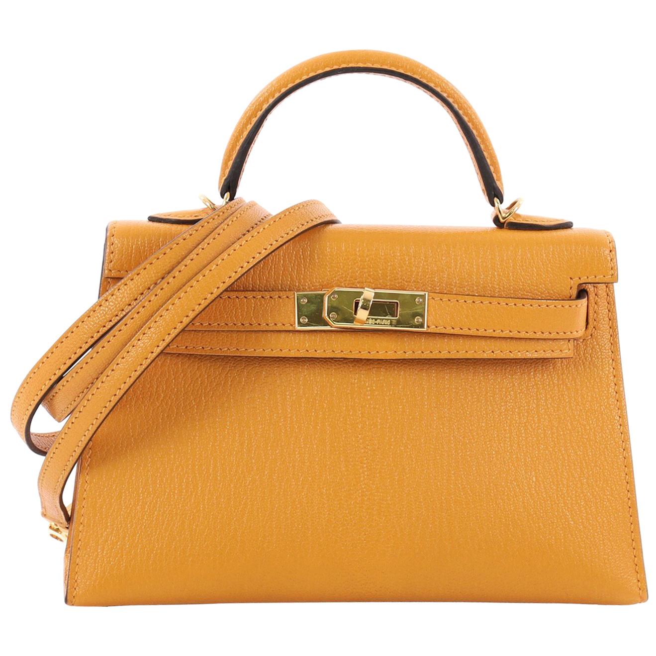 Hermes Kelly Mini II Handbag Moutarde Yellow Chevre Mysore with Gold Hardware 20