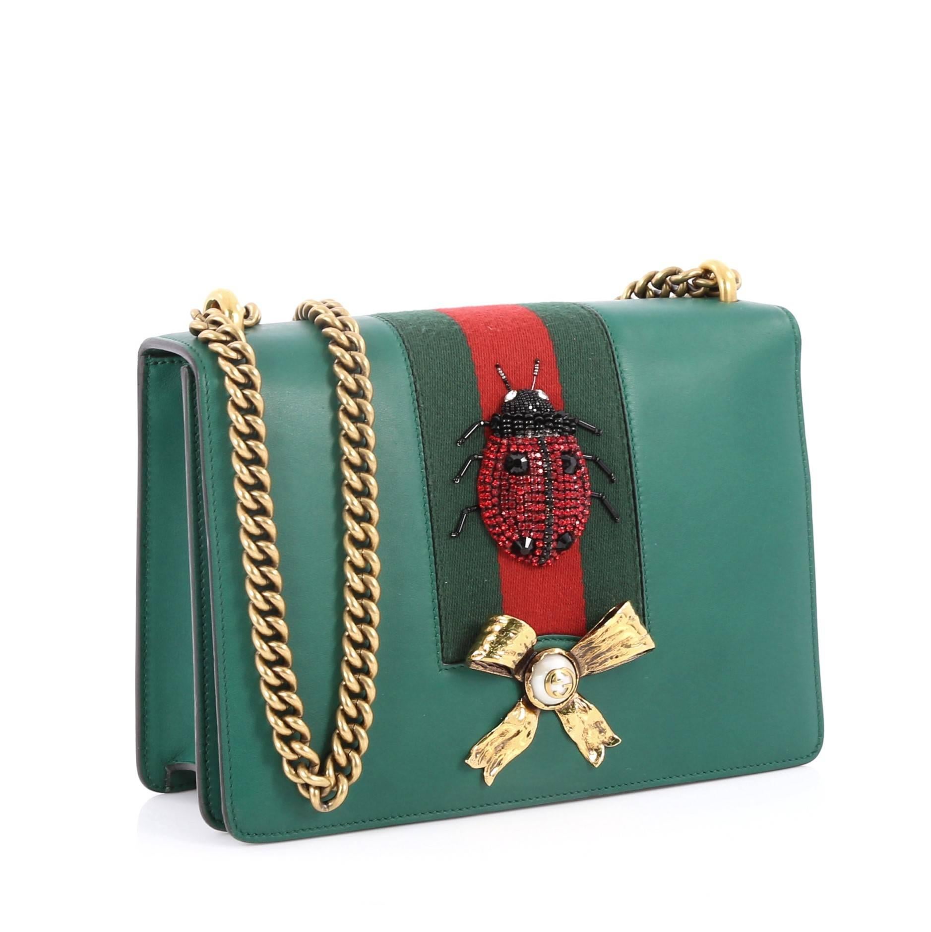 Gucci Web Peony Chain Shoulder Bag Embellished Leather Medium In Fair Condition In NY, NY