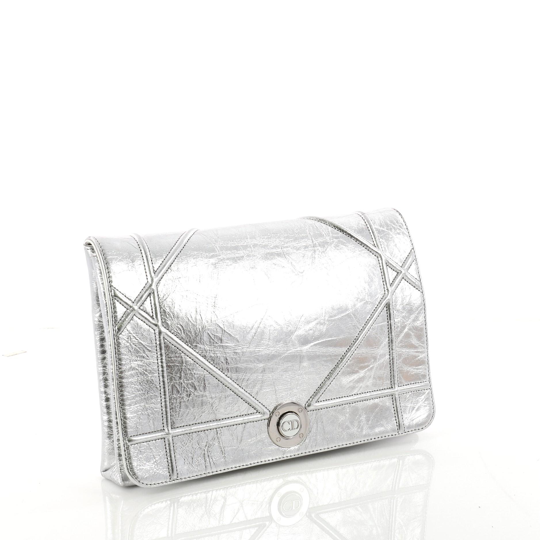 Gray Christian Dior Diorama Clasp Flap Clutch Crinkled Lambskin