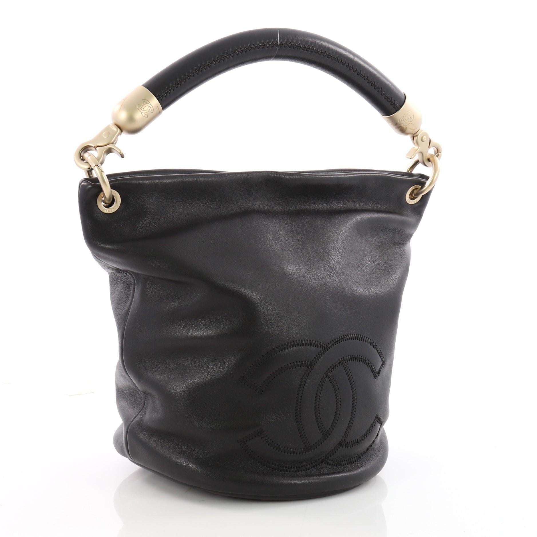 Chanel Vintage CC Handle Bucket Bag Leather Medium  In Fair Condition In NY, NY