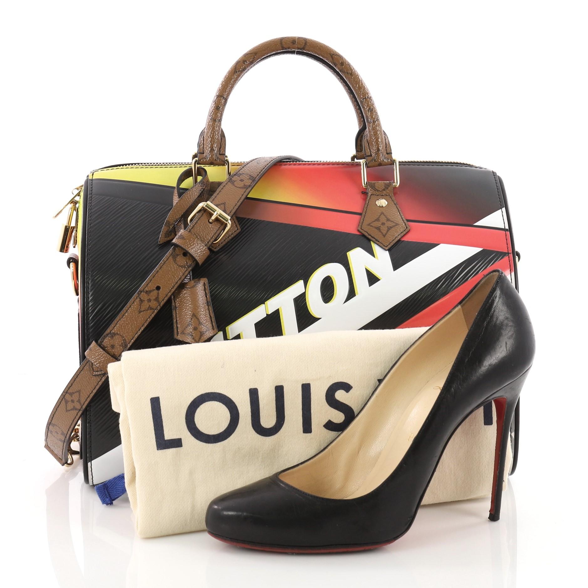 This authentic Louis Vuitton Speedy Bandouliere Bag Limited Edition Race Epi Leather 30 from Cruise 2017 collection is a versatile accessory. Crafted from multicolor epi with a race car motif, this Speedy features dual-rolled reverse monogram coated