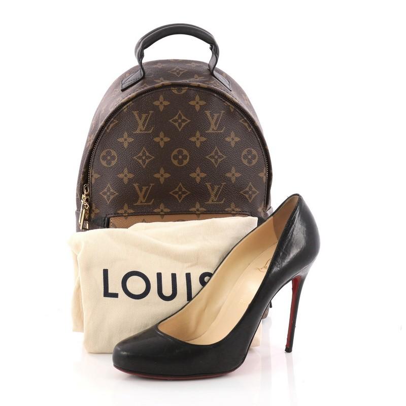 This authentic Louis Vuitton Palm Springs Backpack Reverse Monogram Canvas PM is a standout bag made for care-free urban fashionistas. Crafted from brown reverse monogram coated canvas, this chic functional backpack features padded leather top