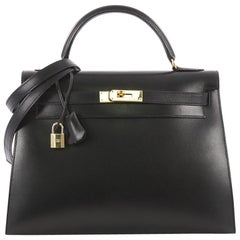 Hermes Kelly Handbag Black Box Calf with Gold Hardware 32 Hermes Kelly Handbag Black Box Calf with Gold Hardware 32