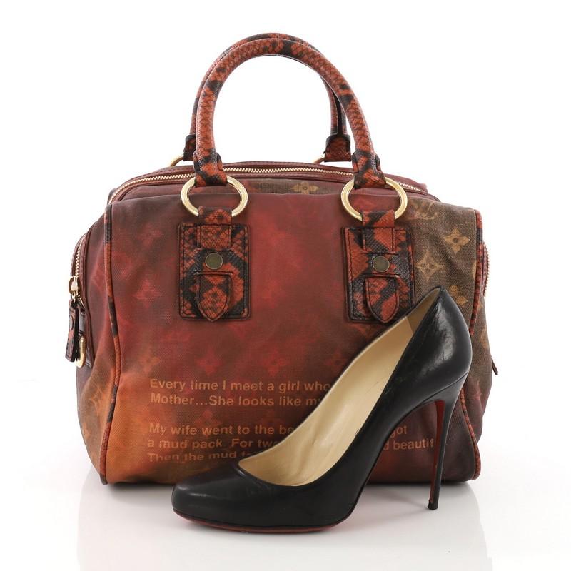 This Louis Vuitton Mancrazy Jokes Handbag Monogram Canvas and Snakeskin, crafted in red orange monogram canvas, features comical jokes dear to the artist, dual rolled snakeskin handles and gold-tone hardware. Its double top zip closures open to two