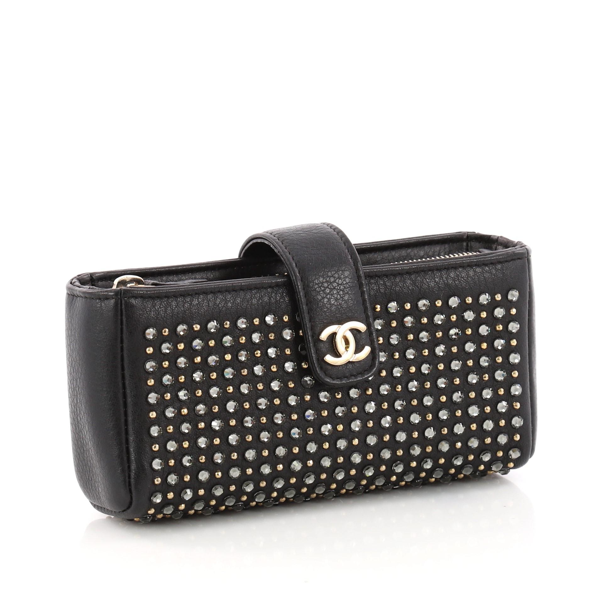 Black Chanel Chain Phone Holder Crossbody Bag Swarovski Embellished Leather Mini