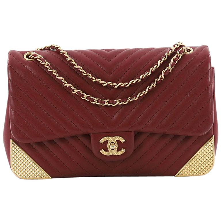 Chanel - Paris-Cosmopolite Red Chevron Lambskin Rock The Corner Flap Bag Small