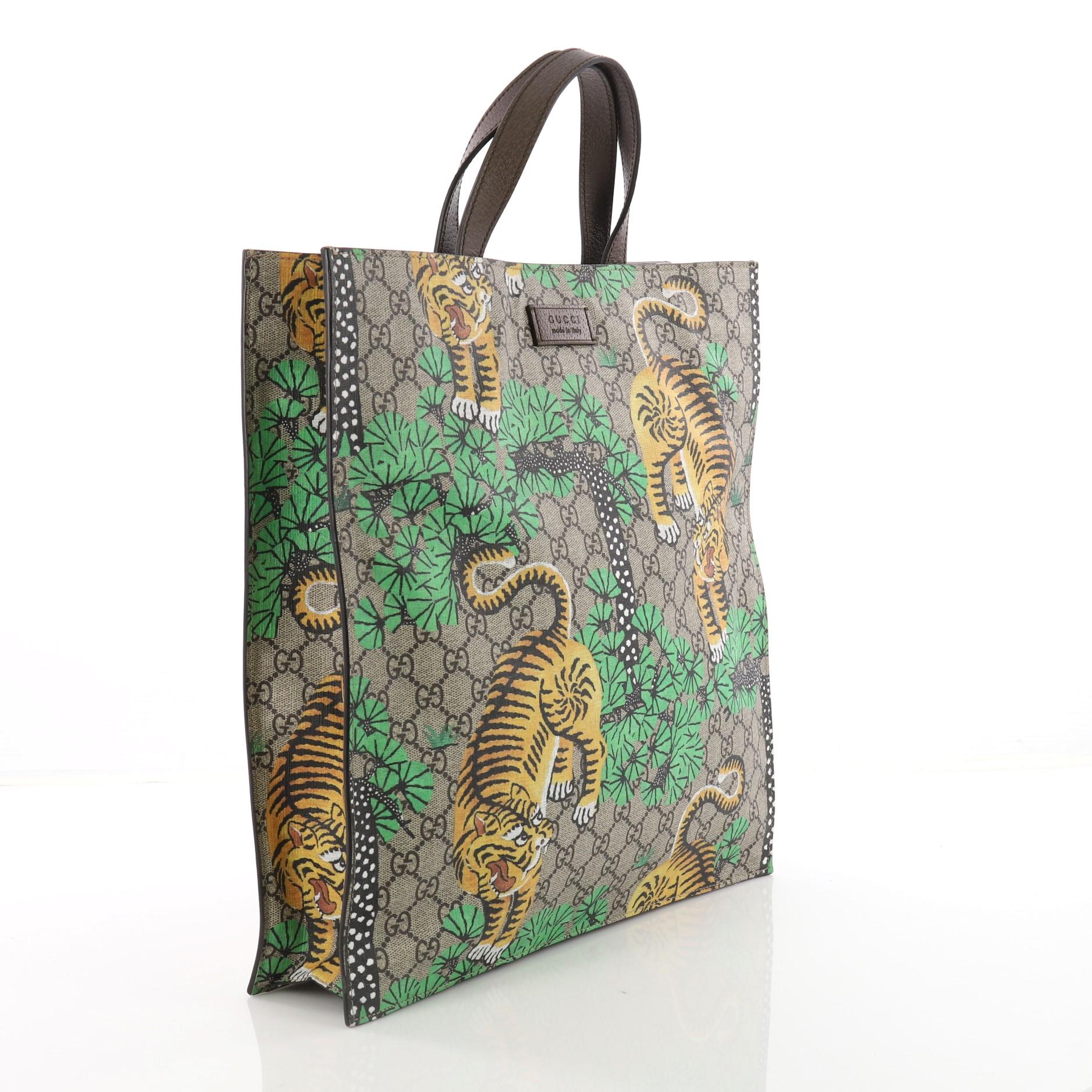 Gray Gucci Convertible Soft Open Tote Bengal Print GG Coated Canvas Tall