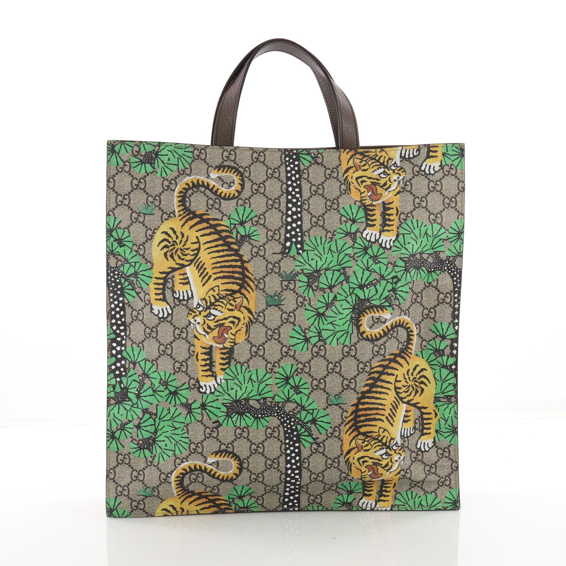 Gucci Convertible Soft Open Tote Bengal Print GG Coated Canvas Tall In Excellent Condition In NY, NY