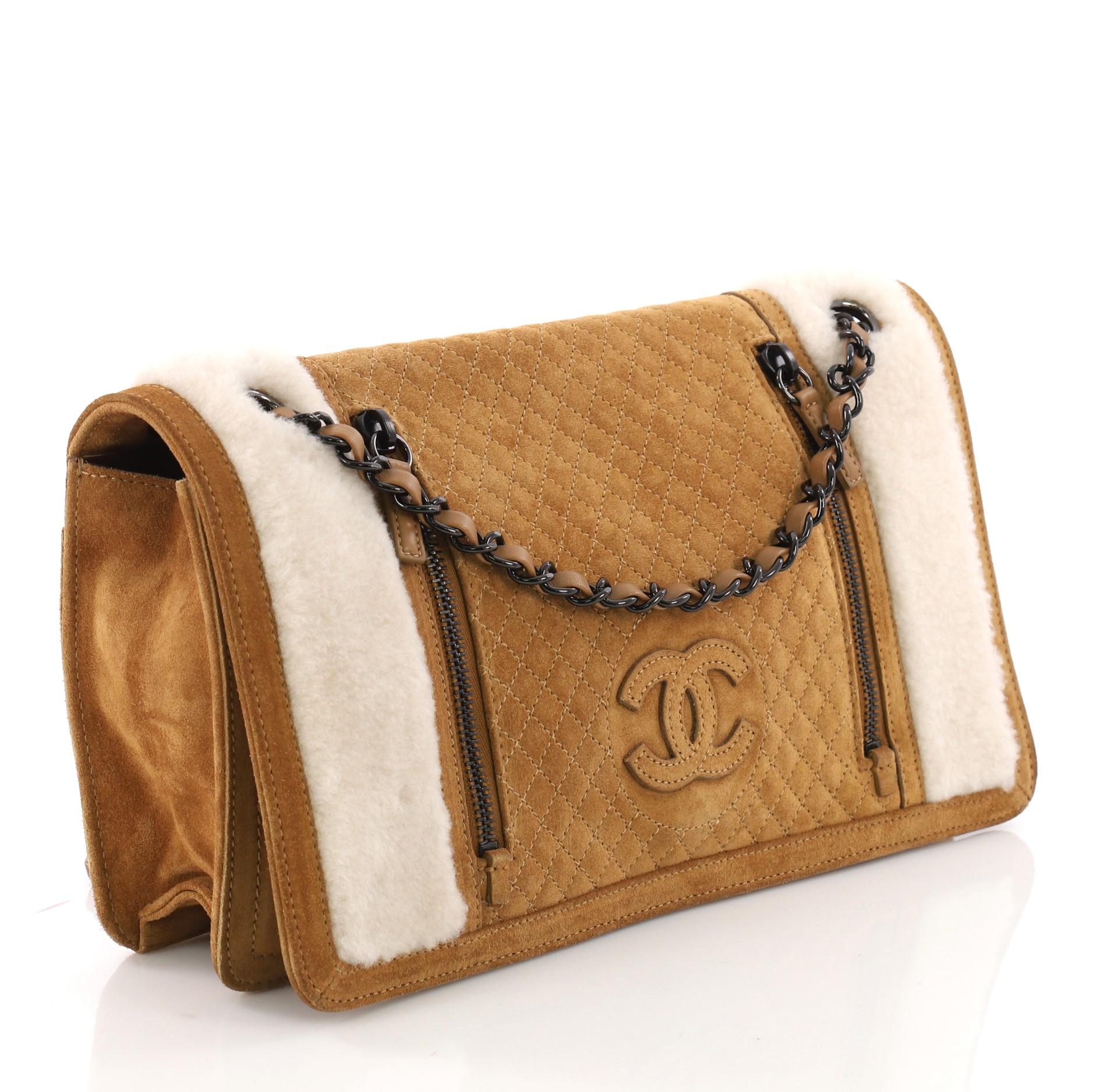 Brown Chanel Double Zip CC Flap Bag Quilted Suede and Shearling Medium