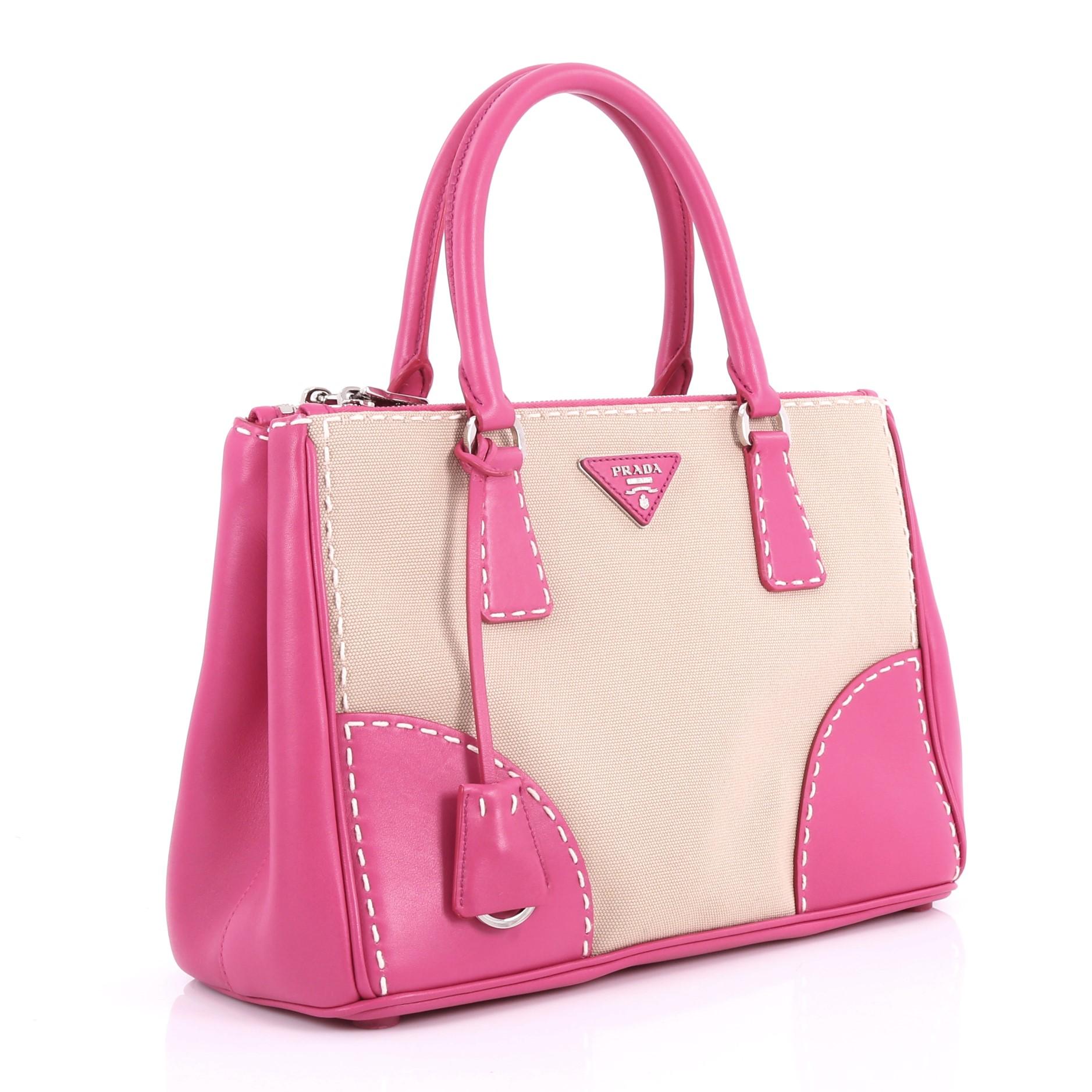 Pink Prada Double Zip Convertible Tote Stitched City Calfskin and Canvas Small