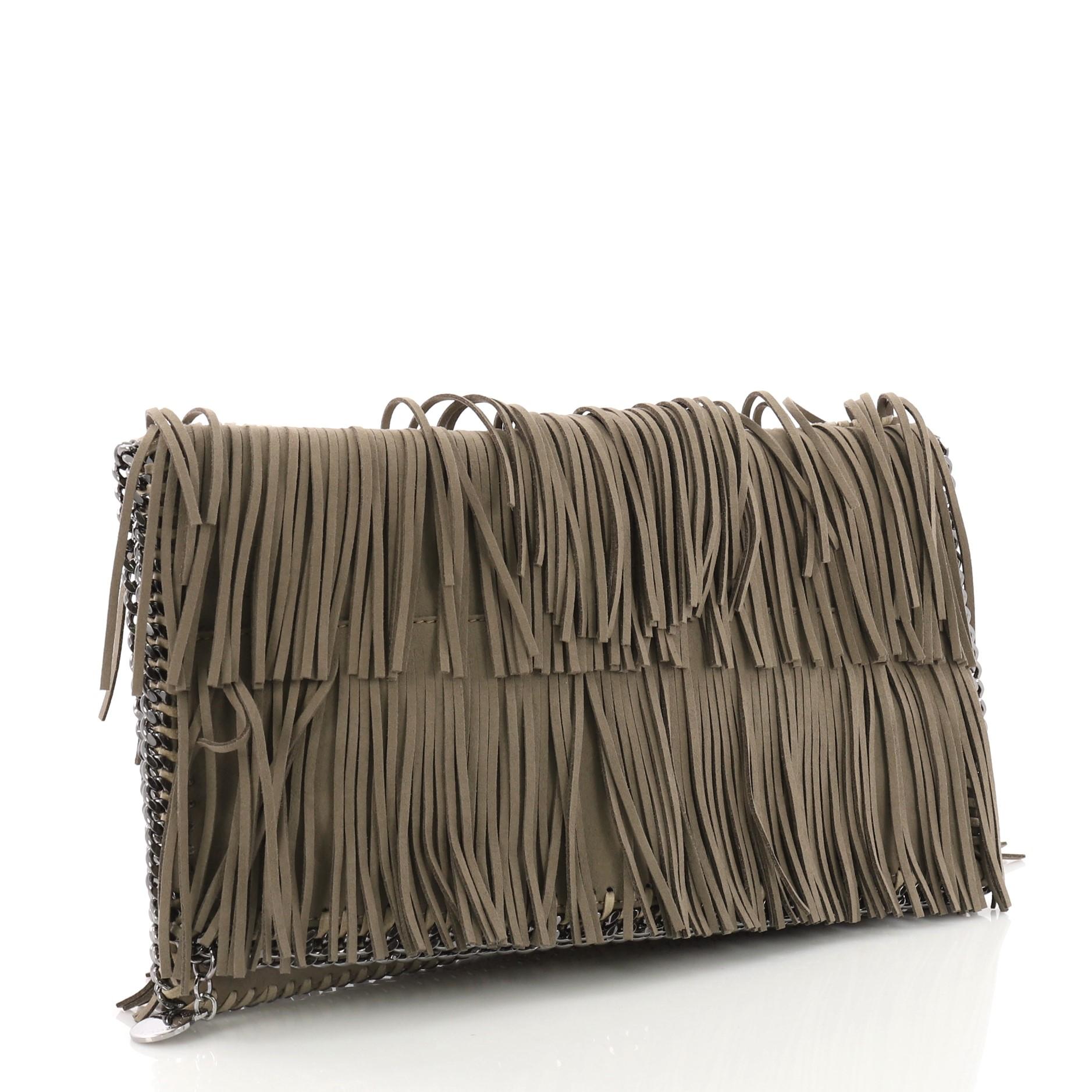Gray Stella McCartney Falabella Fringe Flap Clutch Faux Suede