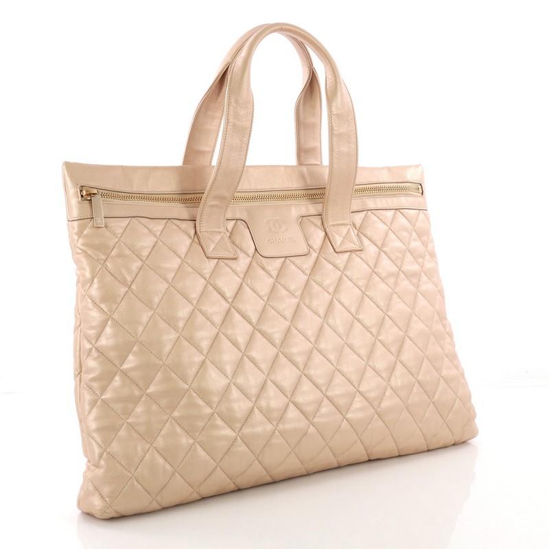 Beige Chanel Coco Cocoon Flat Tote Quilted Calfskin Large