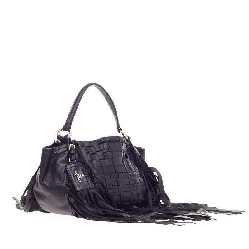 Prada Convertible Fringe Shoulder Bag Woven Nappa Leather In Good Condition In NY, NY