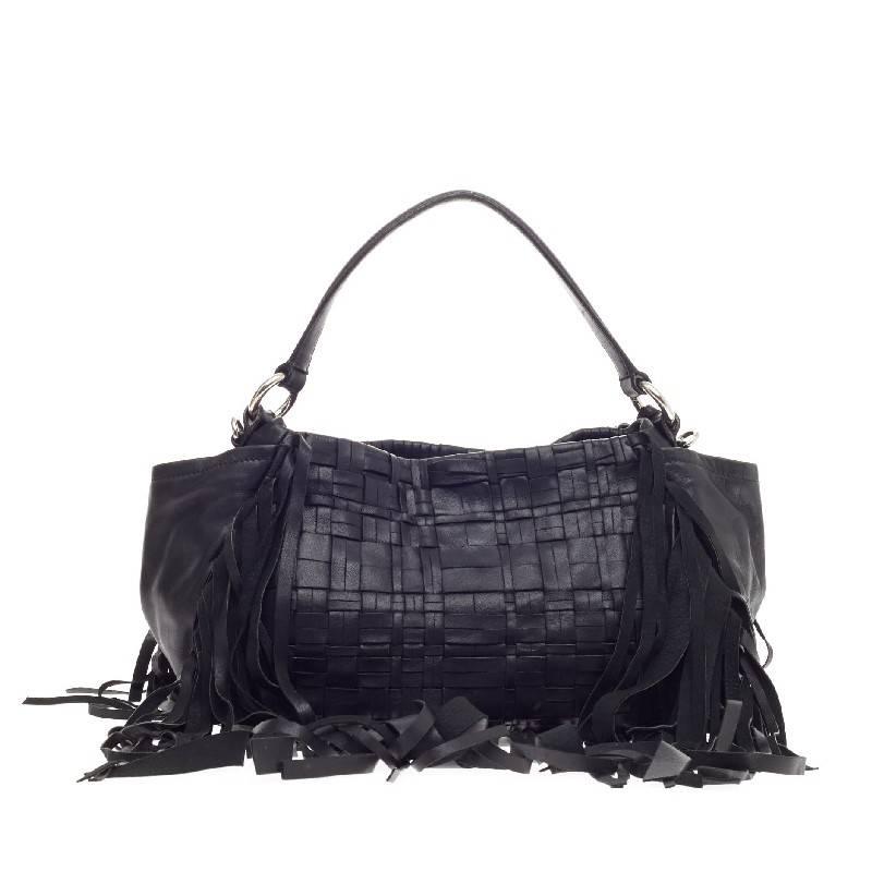 Women's Prada Convertible Fringe Shoulder Bag Woven Nappa Leather