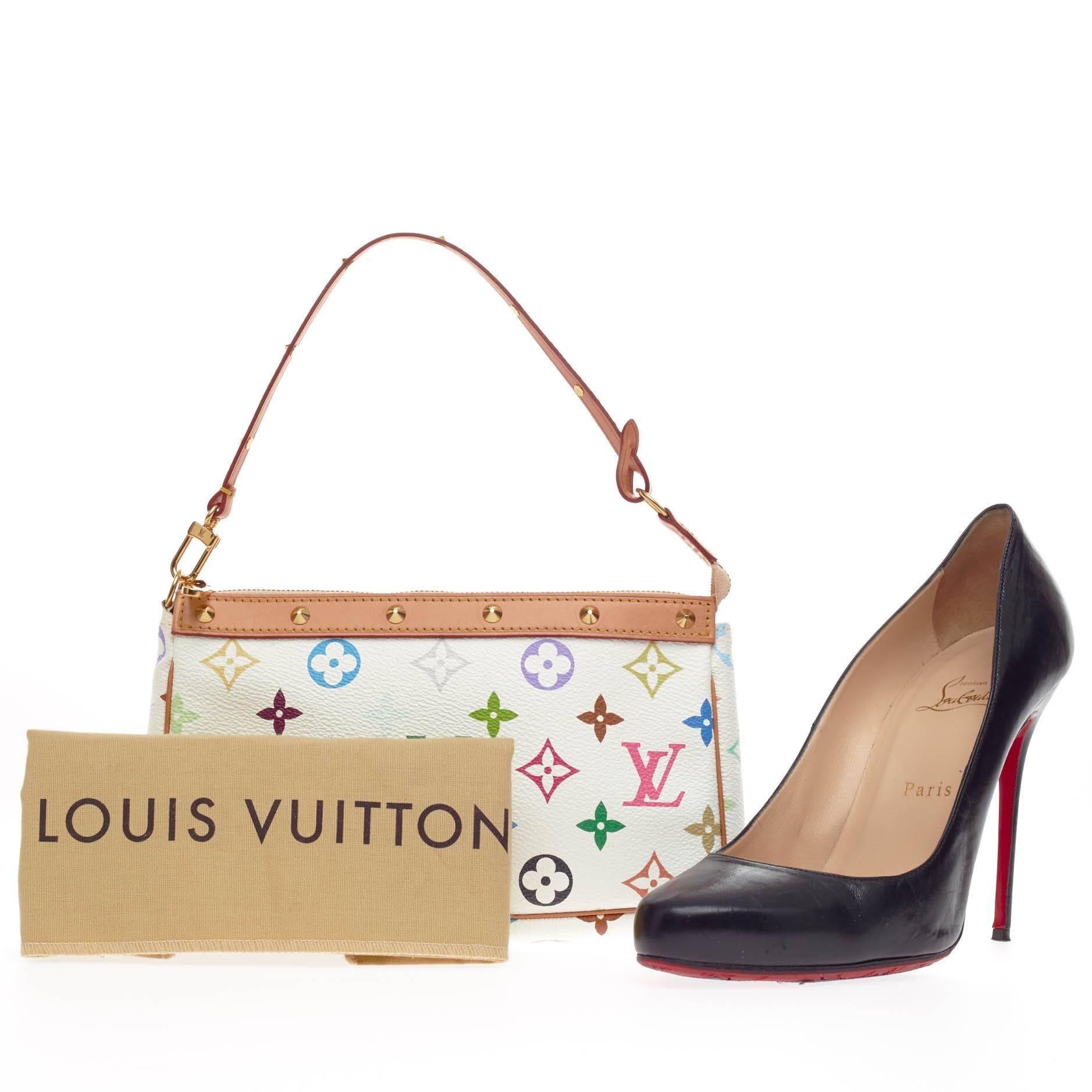 This authentic Louis Vuitton Pochette Accessories Monogram Multicolor is designed in collaboration with Marc Jacobs and Japanese artist Takashi Murakami. This popular, white multicolor monogram canvas pochette features a single loop shoulder strap,