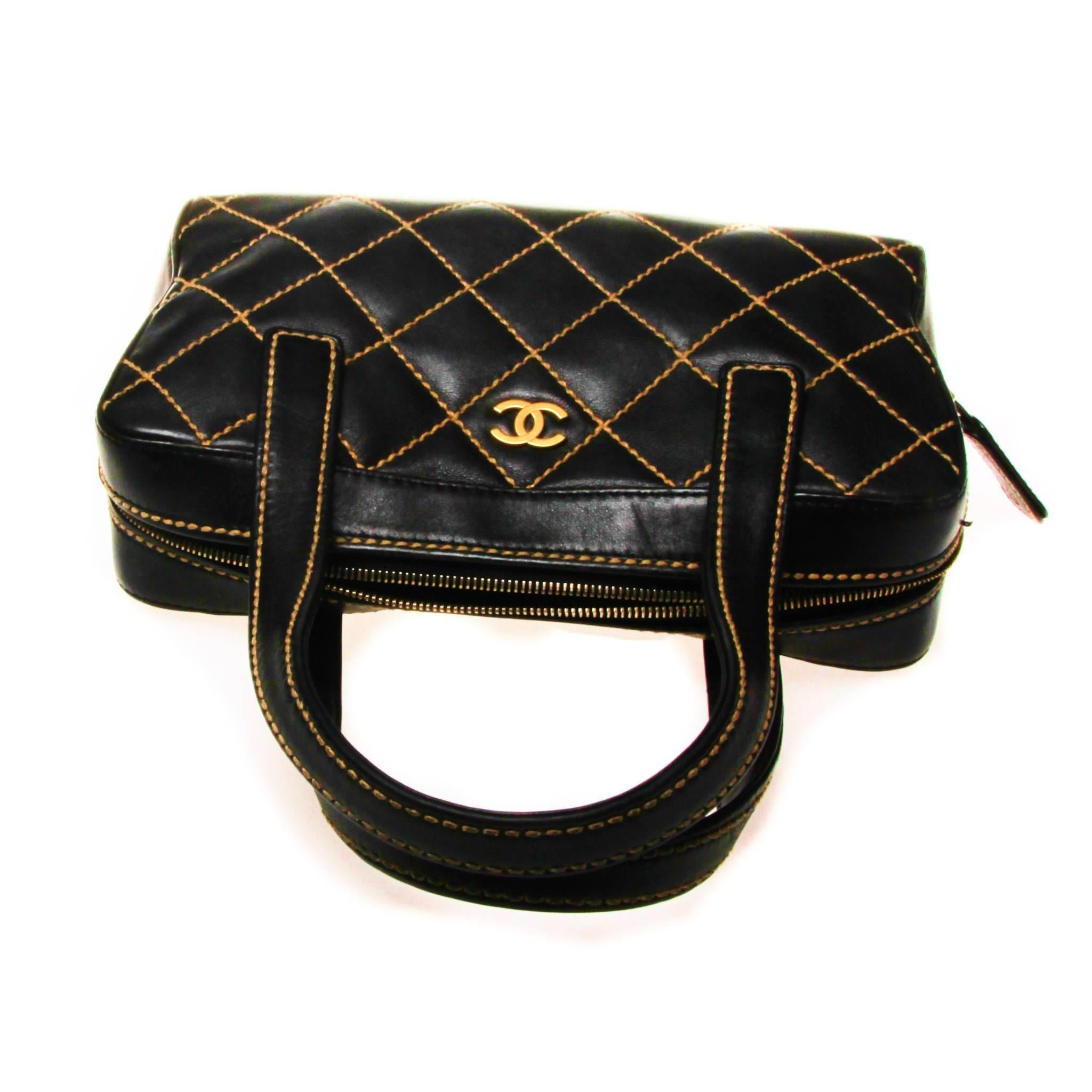 Black CHANEL Quilted Top stitched Top Handle Bag