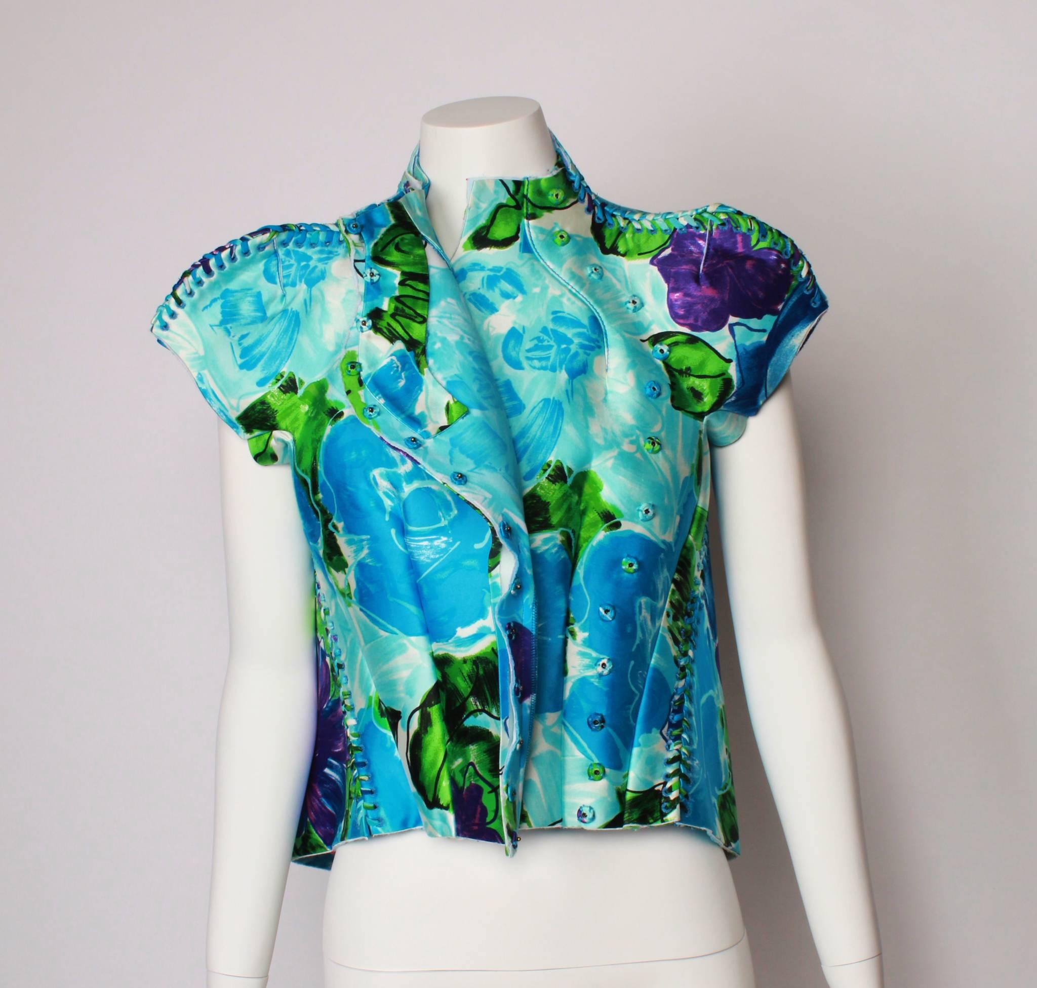 Blue & green silk hand-painted over neoprene based on the archives of Cristobal Balenciaga by Nicholas Ghesquiere

