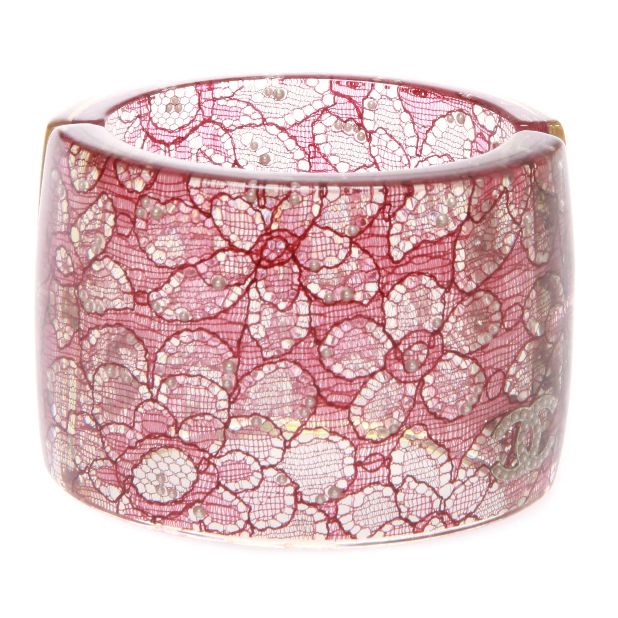 Chanel Camelia Lace and Pearls Embellished Clear Resin Cuff Bracelet In Excellent Condition In Melbourne, Victoria