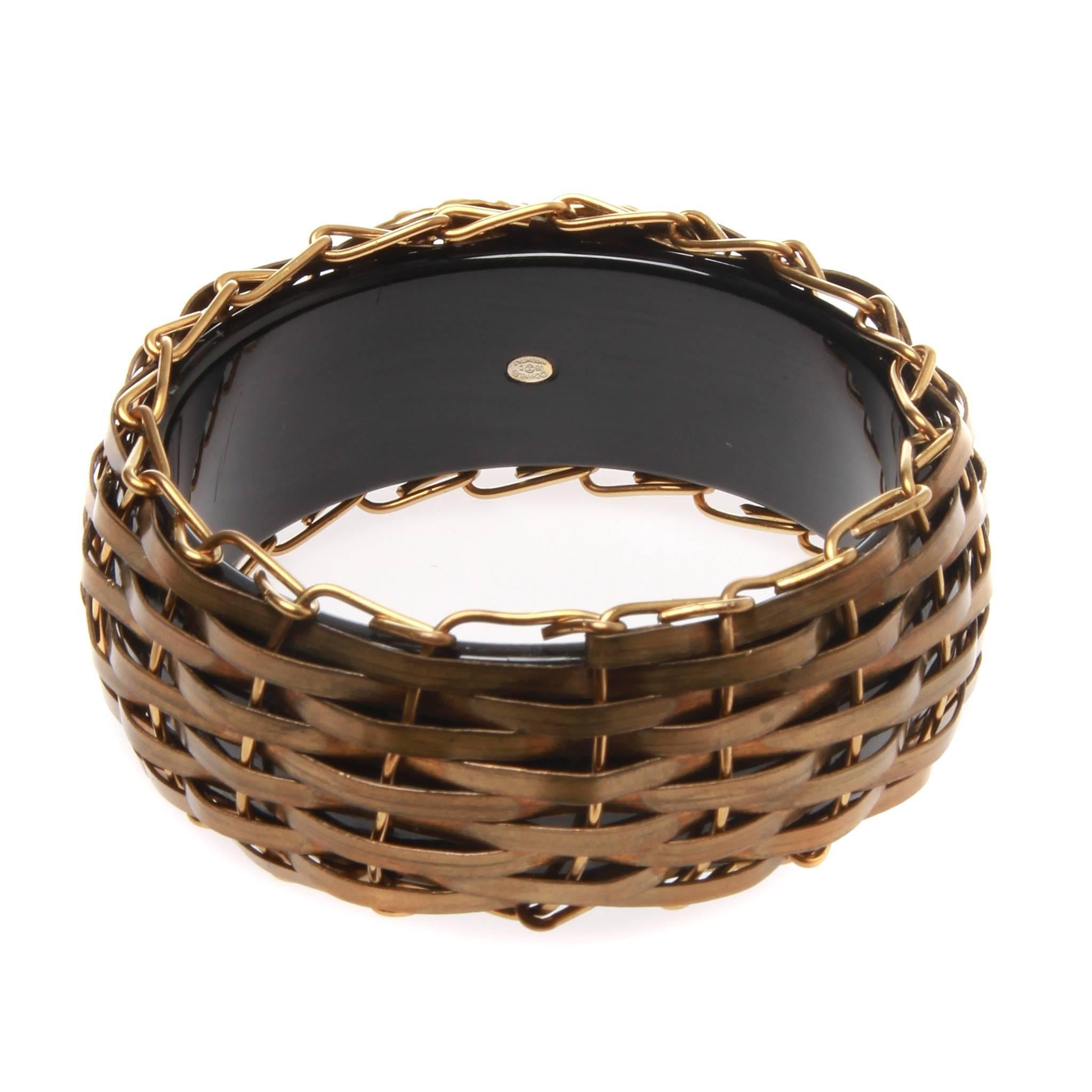 Chanel Bronze Bamboo Basket Resin Bangle Bracelet In Excellent Condition In Melbourne, Victoria