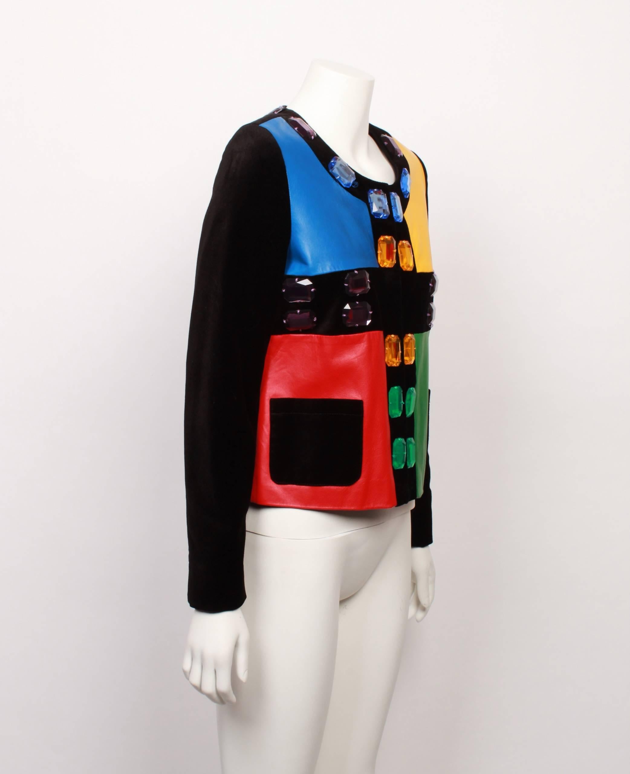 Jean De Castelbajac Mondrian style colour blocked and black velvet jacket with large emerald cut jewels in blue, amber amethyst and green. The front features four square panels of leather in primary hues of red, blue, yellow and green - With