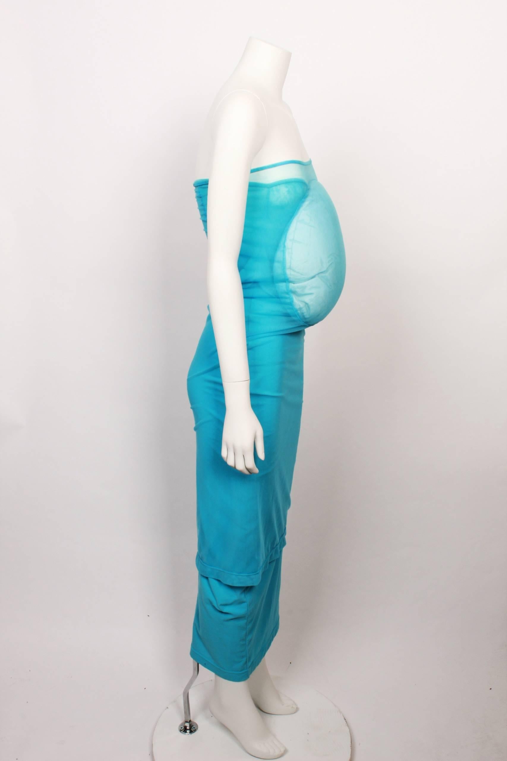Comme  Des Garcons Lumps and Bumps turquoise tube dress from the iconic and legendary 1997 Body meets Dress - Dress Meets Body collection. Lined nylon stretch sheer mesh tube with white padded bump. Rare. For the Comme Des Garcon