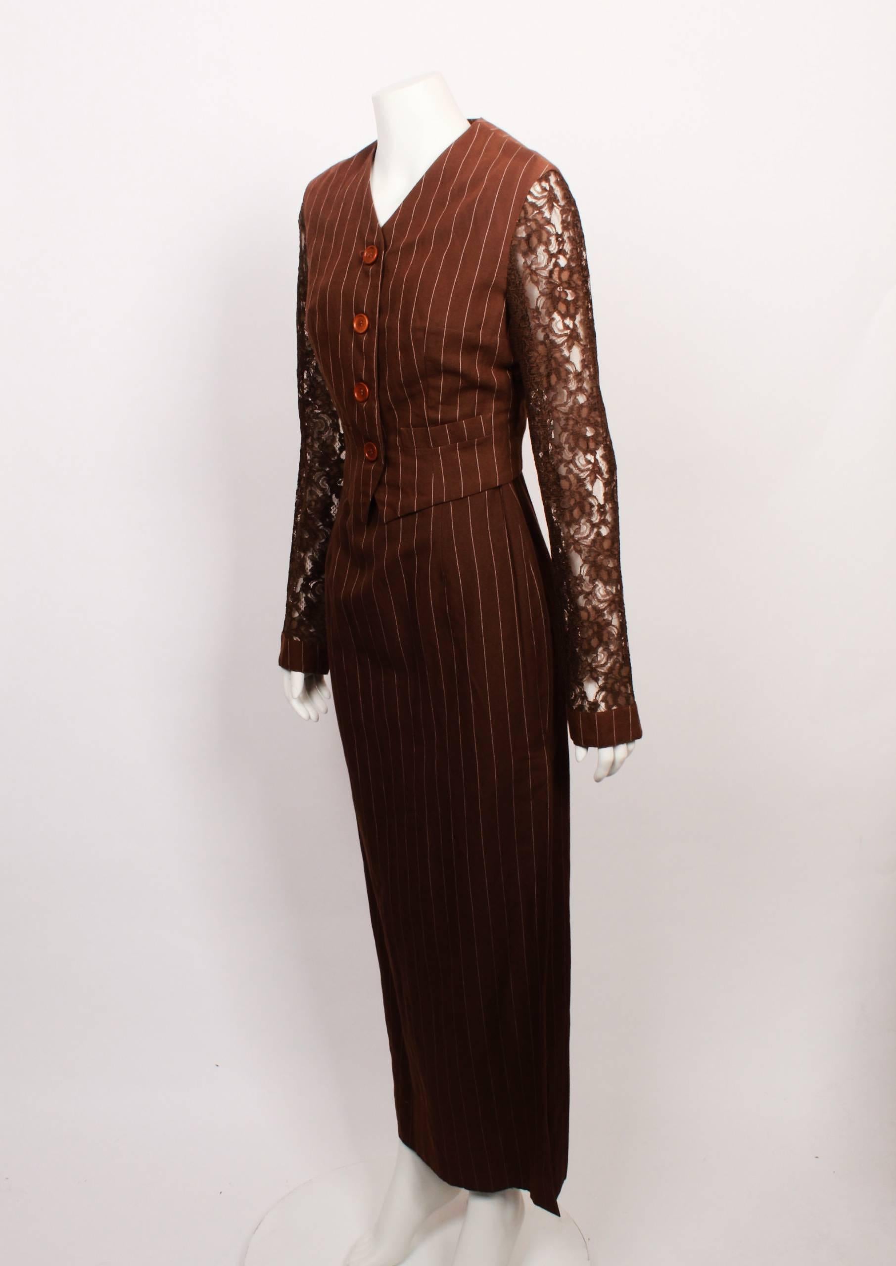 Chocolate Brown Pinstriped Jacket & Dress Set.
Lace Sleeve Detail. 