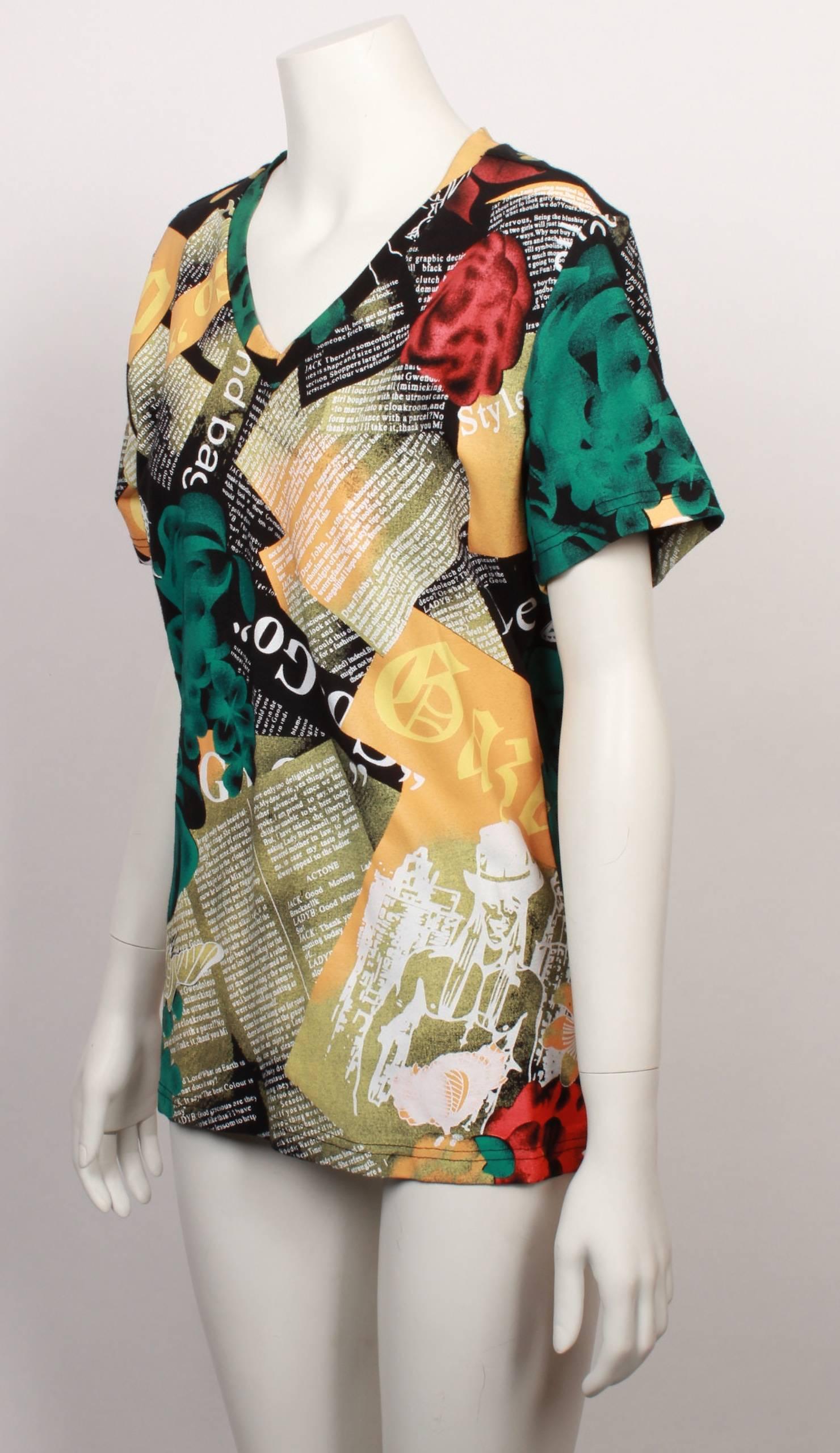 John Galliano printed T-Shirt from the Beach Wear range. Never worn with original tag.
Abstract graphic print with cult Galliano newspaper print and John Galliano self portrait caricature.  
With short sleeves and V neck.
Made in Italy.
