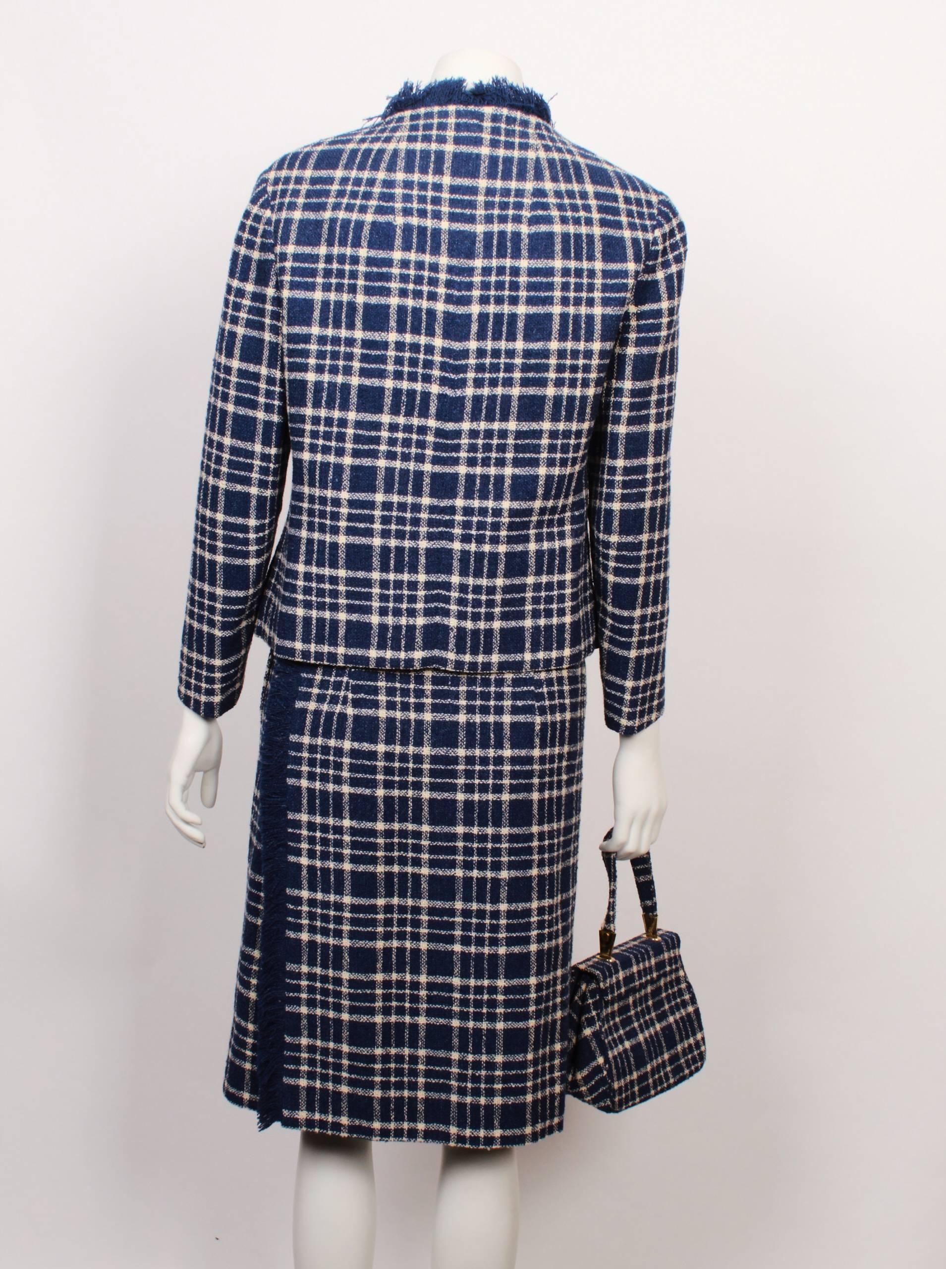 Black 1960's Le Louvre Tweed Skirt Suit Ensemble and Matching Hand Bag