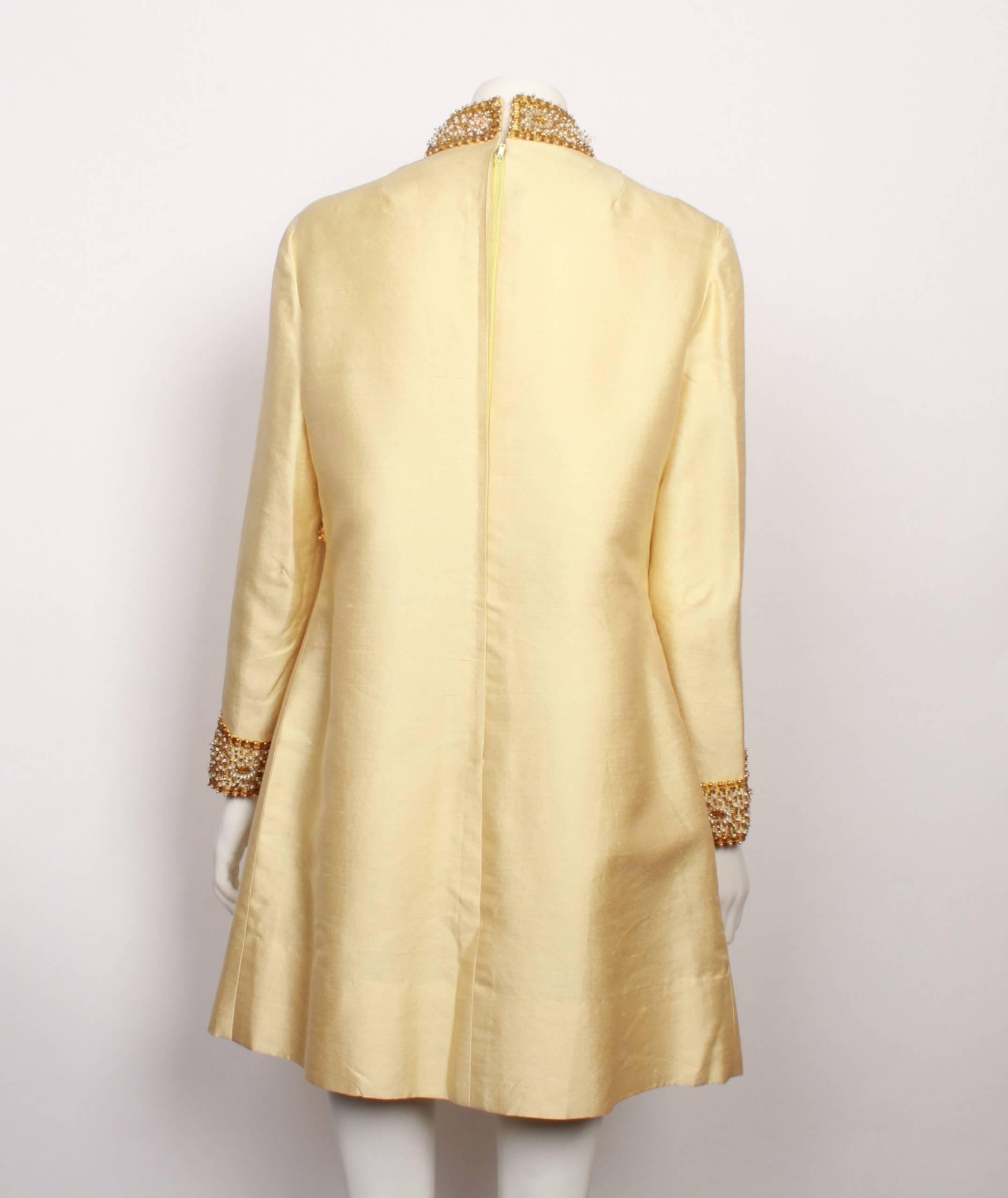 1960's Vintage Jewel Encrusted Pale Gold Heavy Thai Silk Dress In Fair Condition For Sale In Melbourne, Victoria