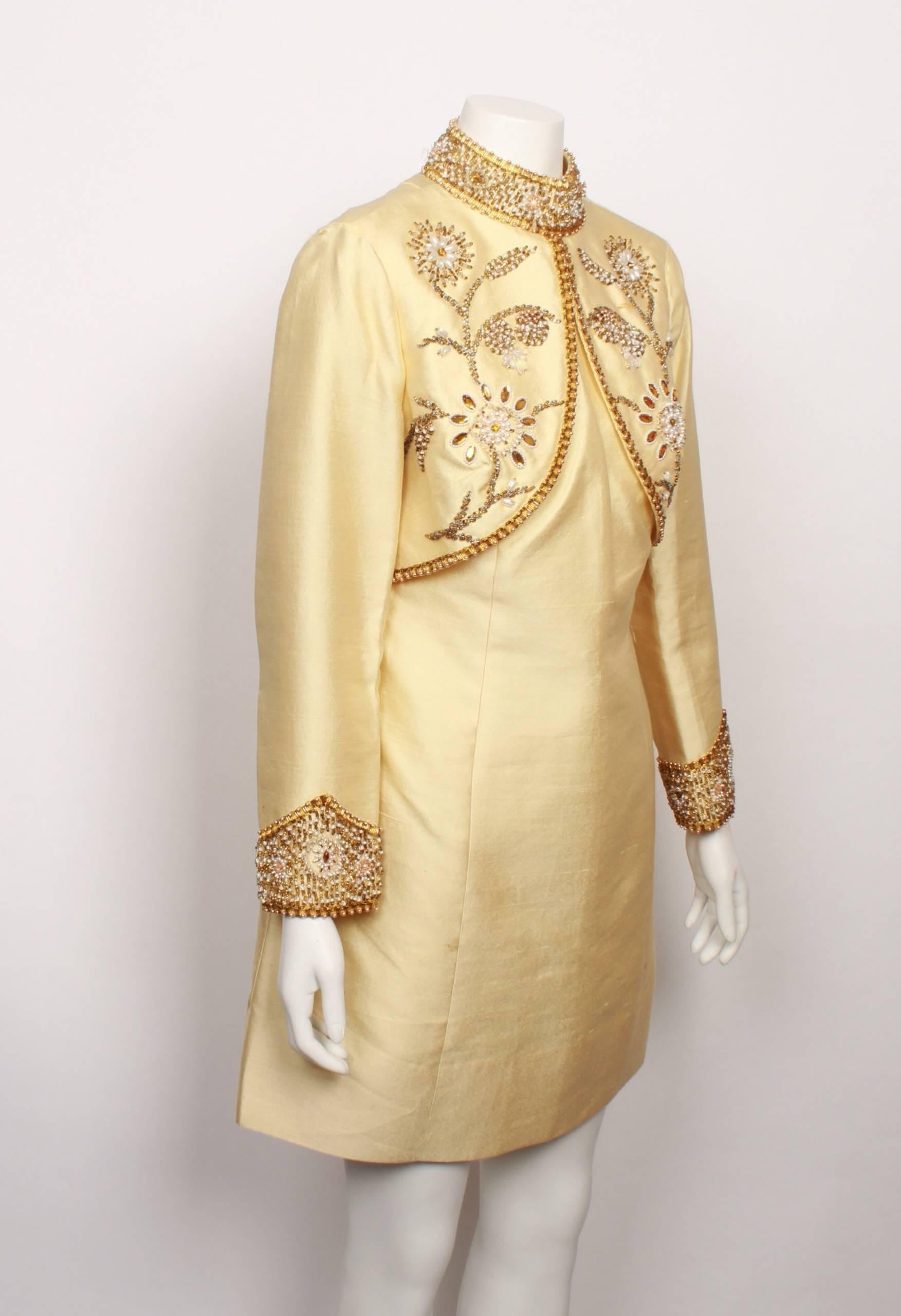 Women's 1960's Vintage Jewel Encrusted Pale Gold Heavy Thai Silk Dress For Sale