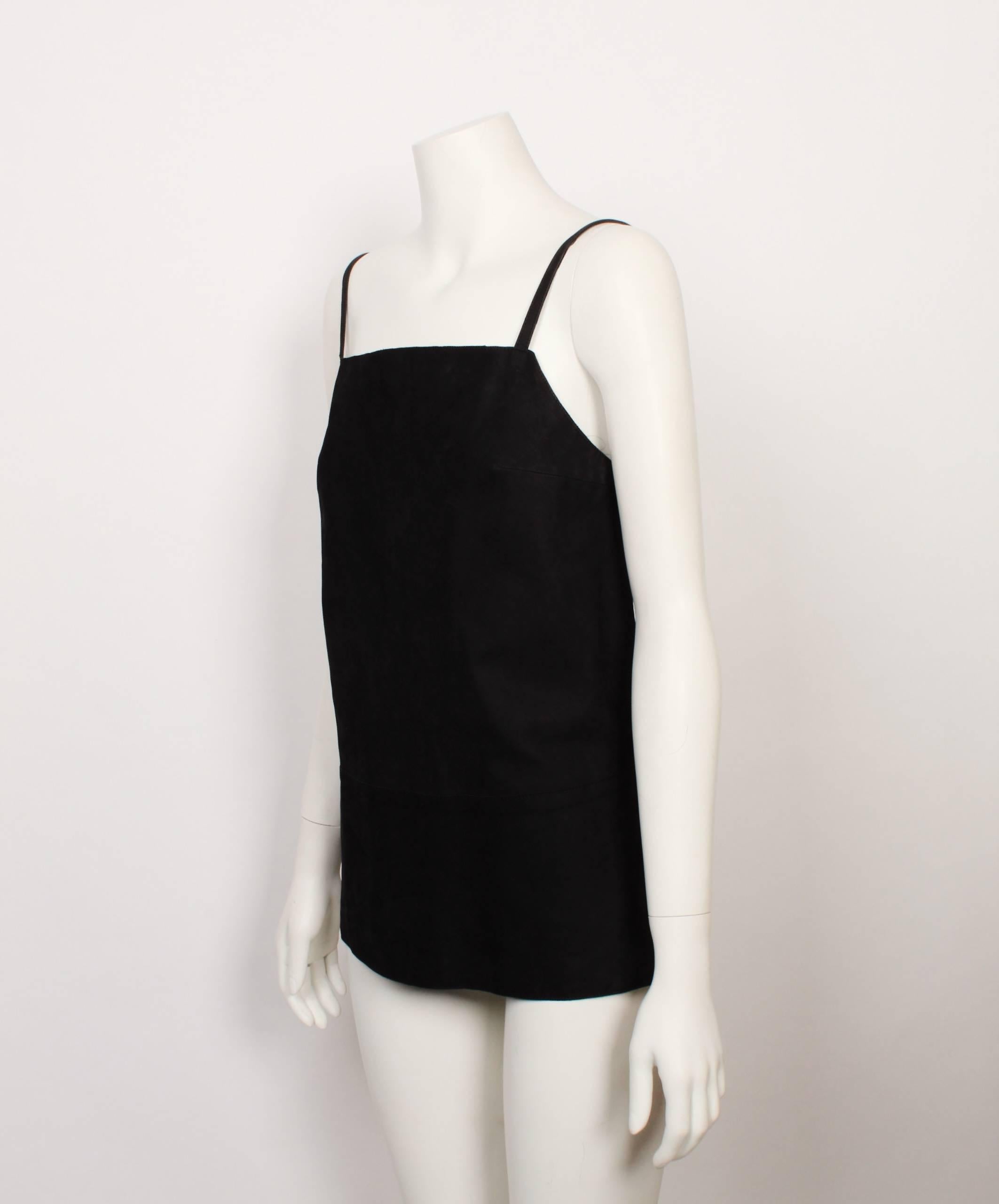CoSTUME National black suede backless overlay bib top with square front neckline, spaghetti straps and bold square backless feature. Clean, strong, minimalist lines. A classic CoSTUME National example. 
Fully lined with back invisible zipper. Made