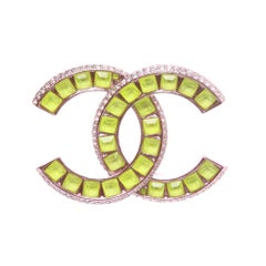 Chanel Pale Pink, Lime Green and Swarovski CC Brooch 