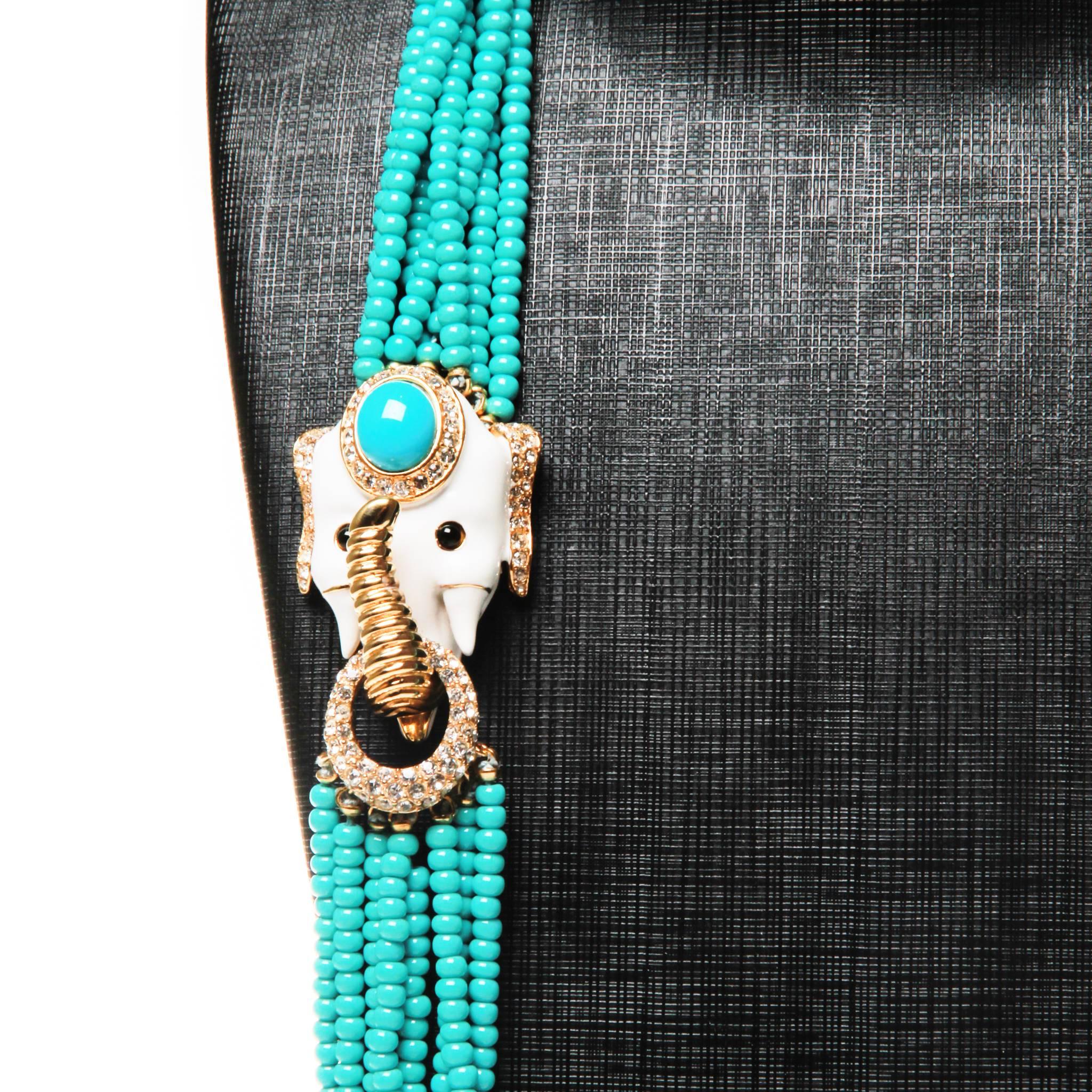 Women's or Men's Ciner Turquoise Glass Torsade Necklace with Crystal White Enamel Elephant Clasp