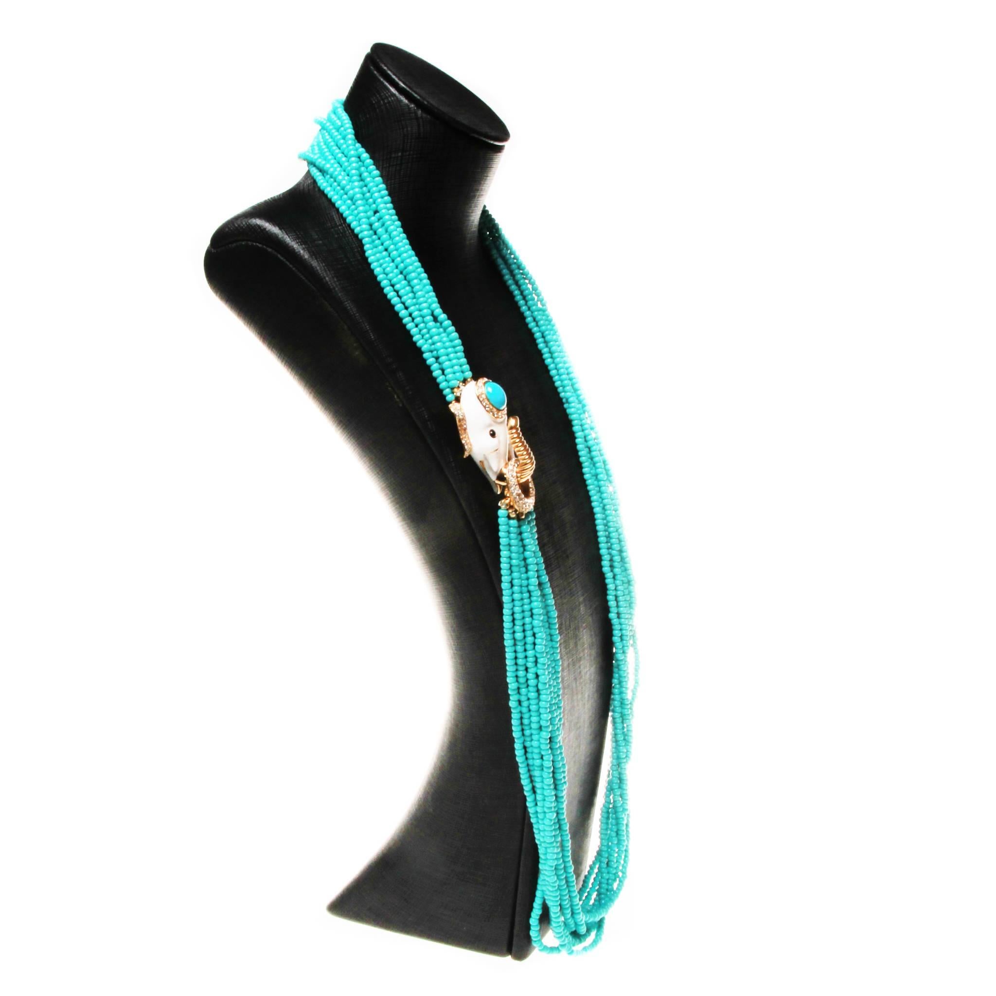 Ciner Turquoise Glass Torsade Necklace with Crystal White Enamel Elephant Clasp 1