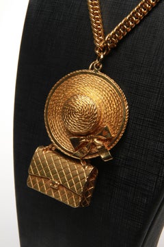 Rare Vintage Chanel Gold Plate Hat & Classic Flap Charm Necklace