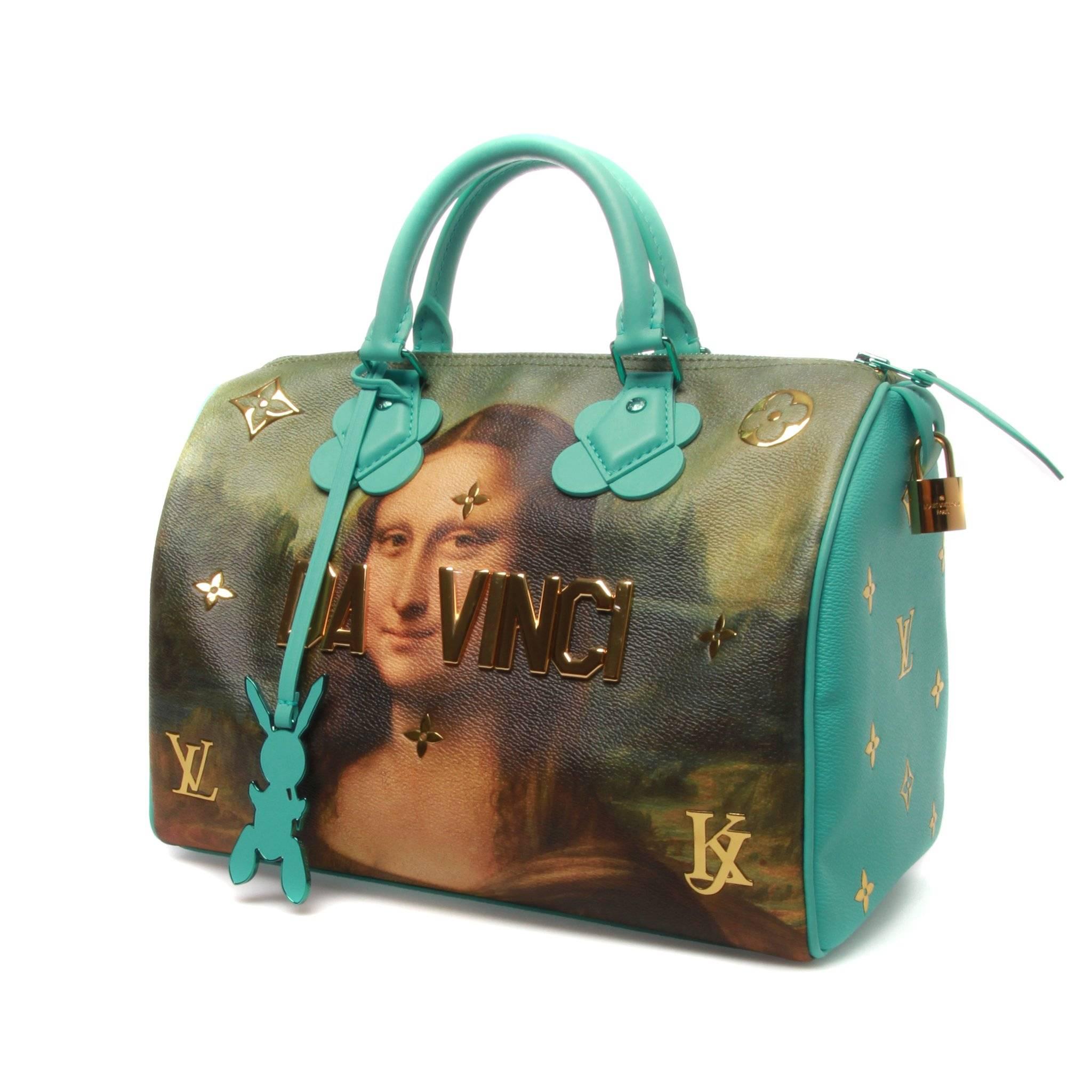 Classic Speedy 30 sporting the classic master that is Da Vinci's Mona Lisa. Expressed here in the 'Vert d'Eau' colourway. 

Gold Monogram serti, flower shapes, reflective metallic letters and colored trimmings. An exclusive leather lining embossed,