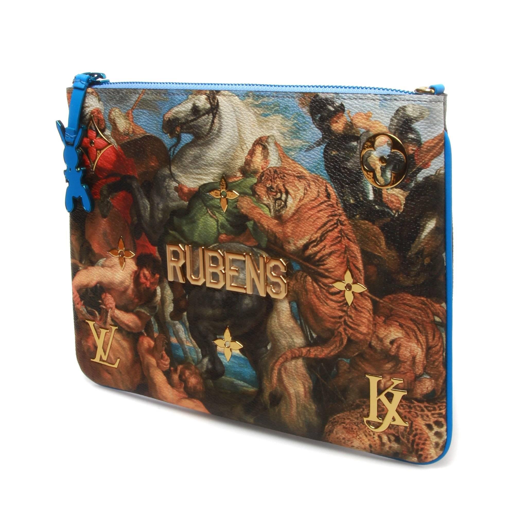 Louis Vuitton flat pouch clutch sporting a classic Rubens masterpiece as part of their Masters series in collaboration with Jeff Koons. 

The flat pouch perfectly wears gold Monogram serti, reflective metallic letters and colored trimmings. A new