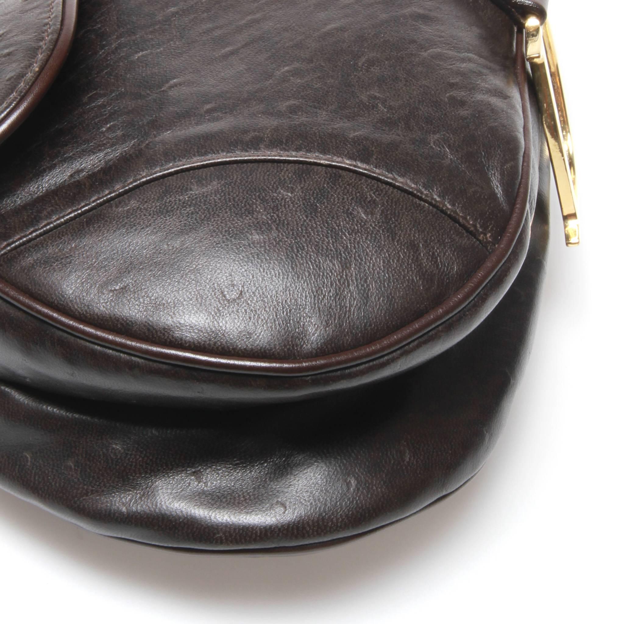 Black Dior Brown Ostrich Leather Saddle Bag