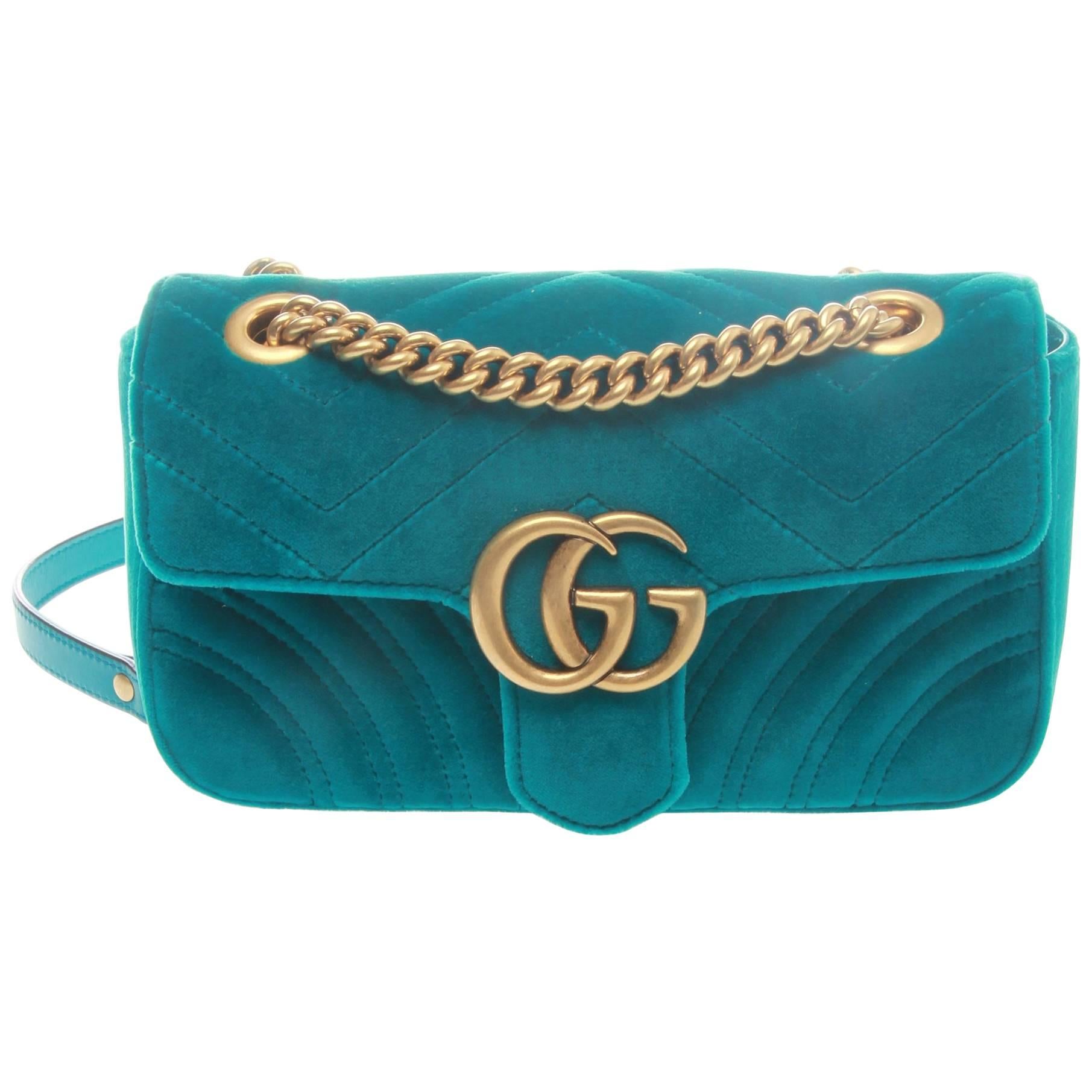 Gucci Marmont Petrol Blue Velvet Shoulder Crossbody Bag 