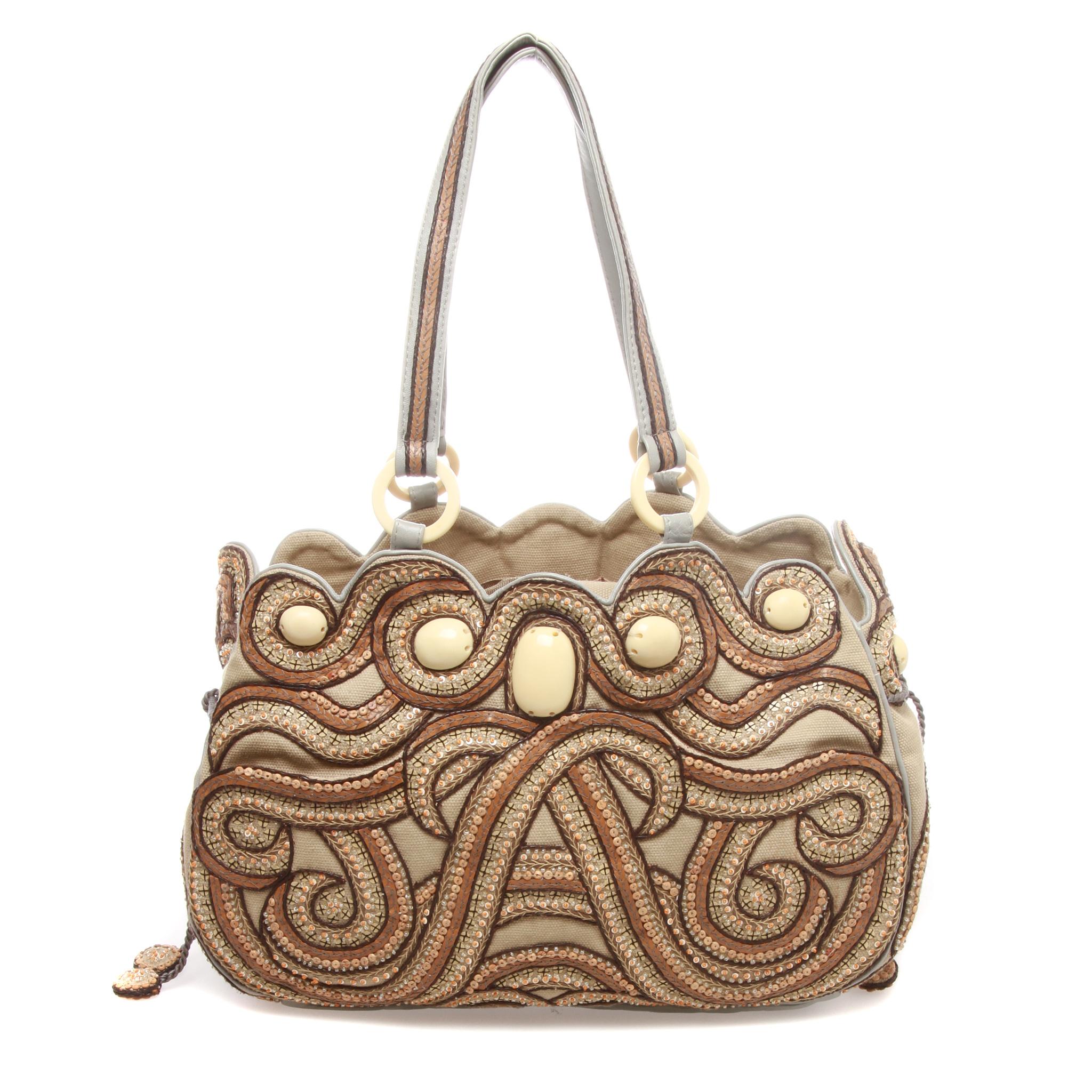 Brown Jamin Puech Sequin Patterned Fabric Top Handle handmade Handbag For Sale