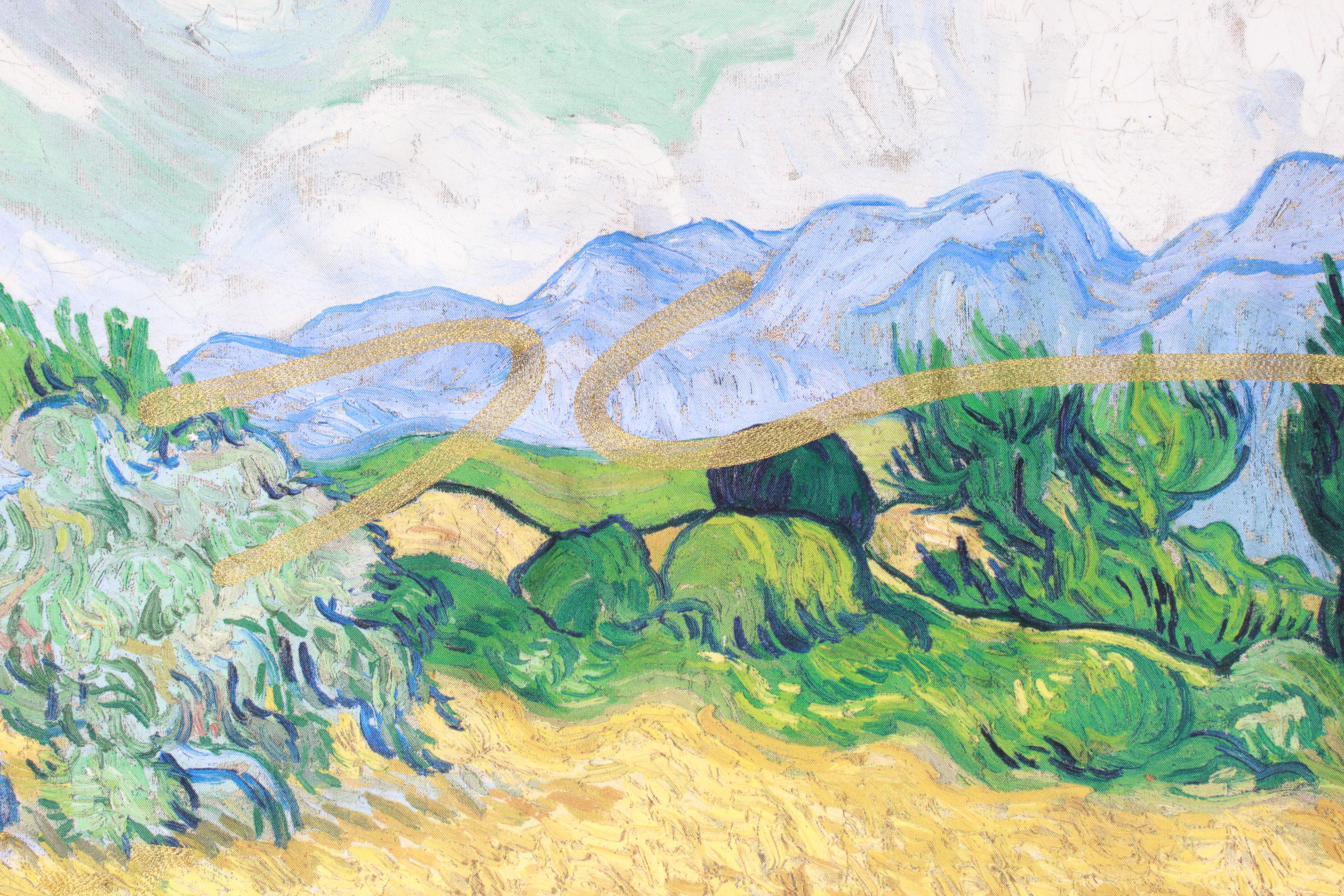 From the Louis Vuitton X Jeff Koons Masters Collection, Van Gogh's A Wheatfield with Cypresses Silk Scarf.

The scarf is detailed with gold embroidery, featuring Koons re-imagining the of Louis Vuitton monogram to include his own initials. This