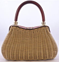 British Hong Kong Wicker and Leather Handbag, 1960s