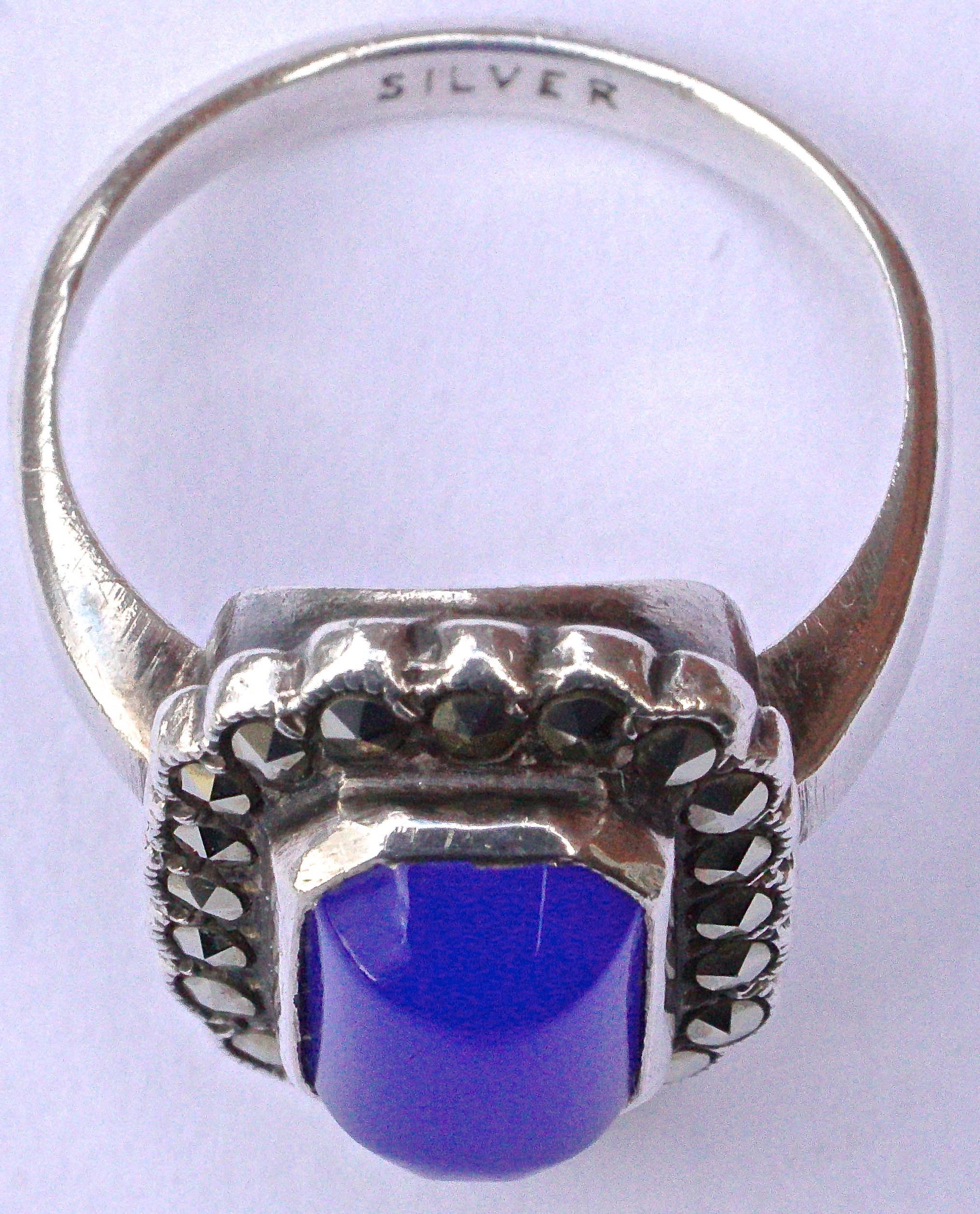 Art Deco Silver, Marcasite and Blue Chalcedony Ring In Good Condition In London, GB