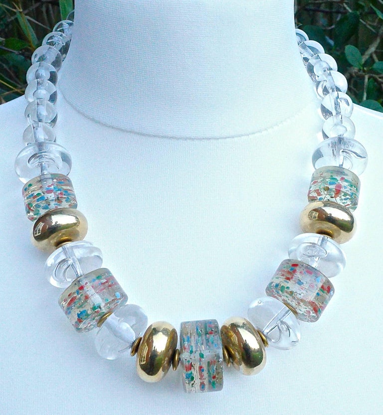 Clear and Golden Plastic Bead Necklace with Multi Coloured Confetti